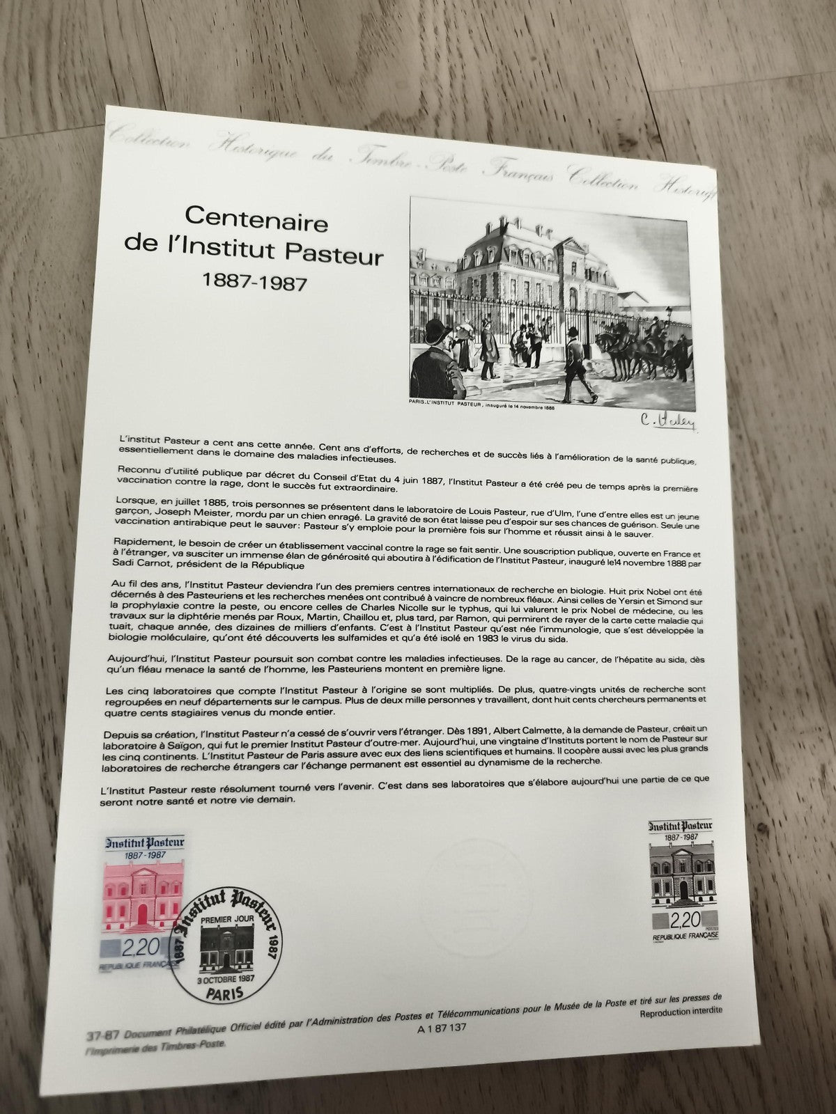 Lettre philatélique Centenaire Institut Pasteur 1987 timbres oblitérés Paris