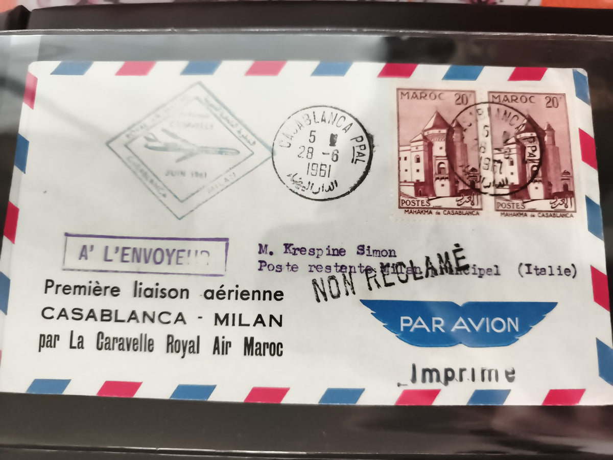 Lettre aérienne ancienne 1961 Casablanca Milan Par Avion Royal Air Maroc