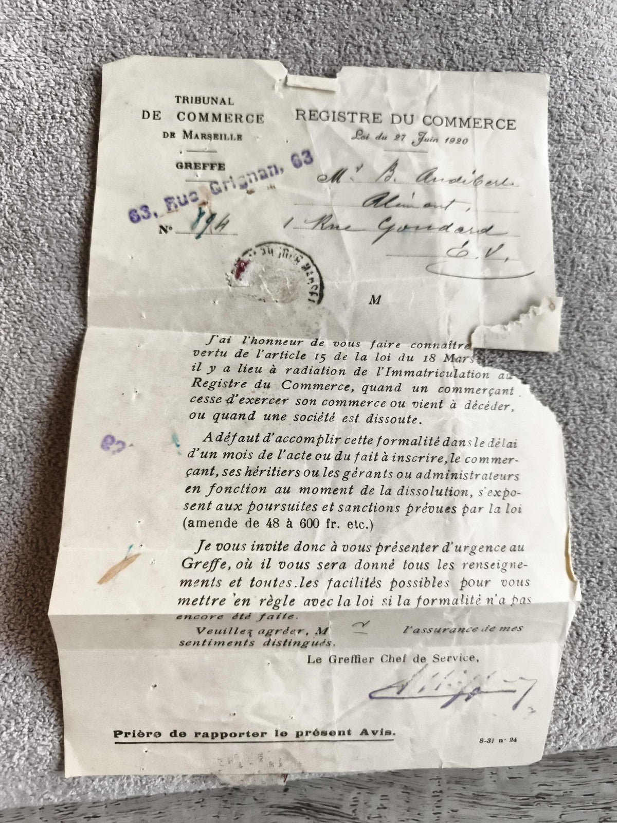 Ancien document officiel Tribunal de Commerce Marseille Registre du Commerce 192