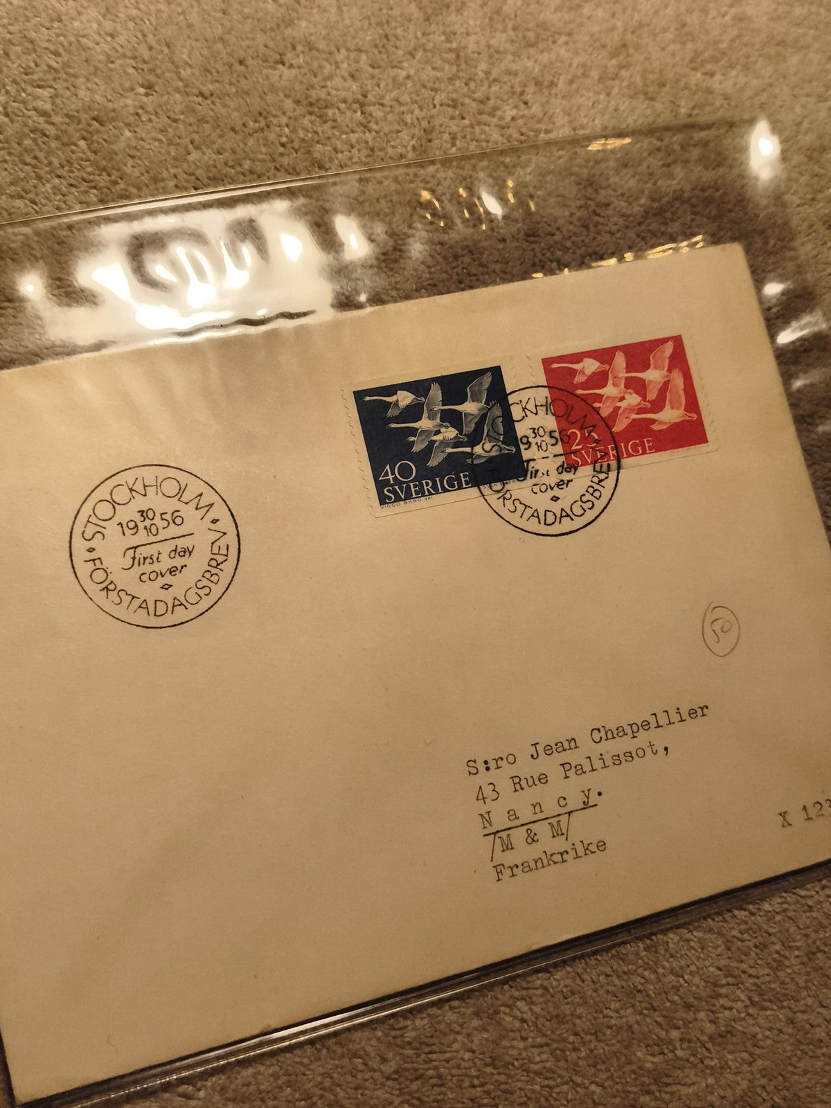 Lettre FDC Suède 1956 timbres oiseaux, Stockholm, philatélie, Förstadagsbrev