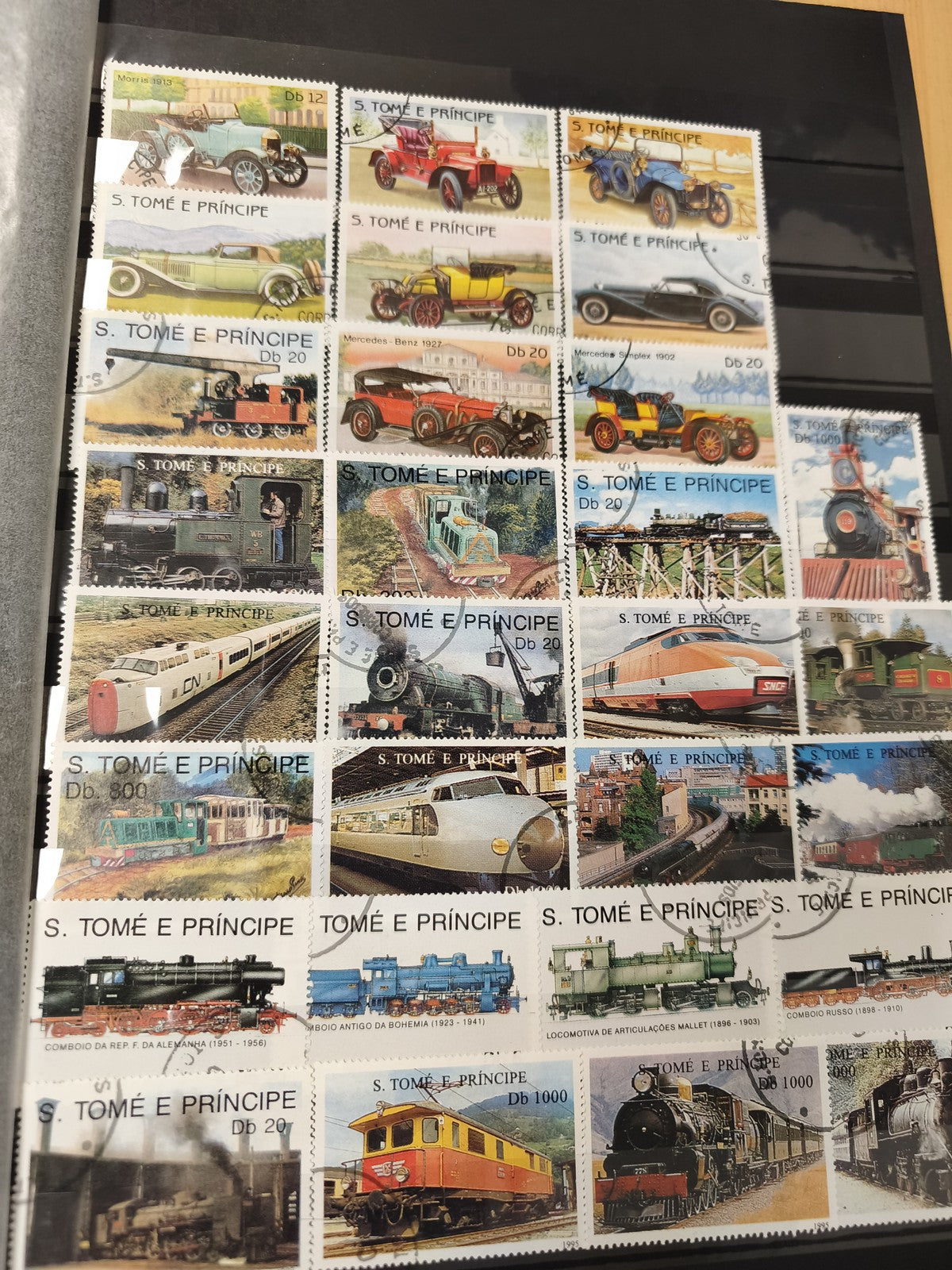 Lot timbres S. Tomé e Príncipe voitures anciennes et trains thématiques couleur
