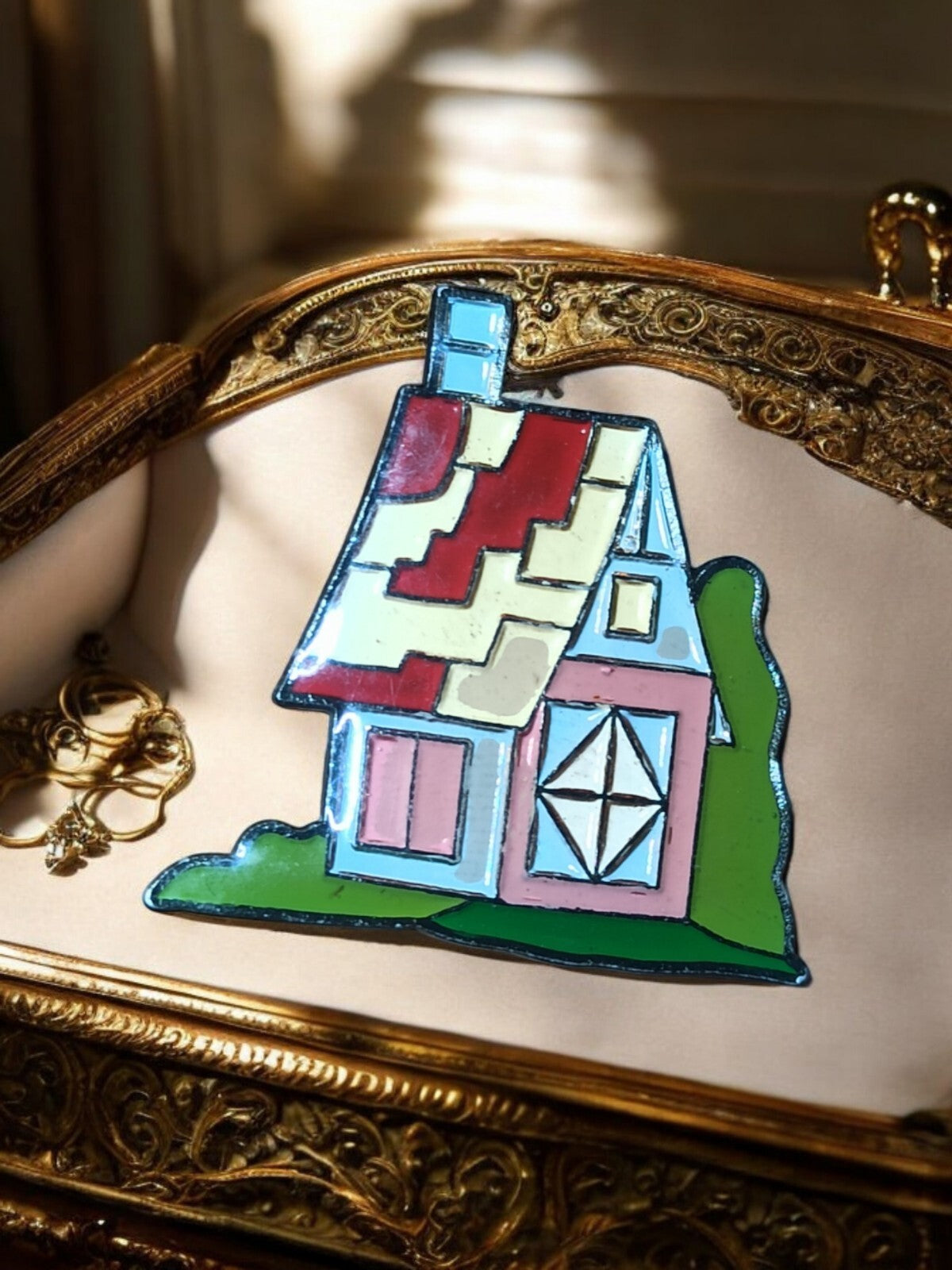 Colorful vintage house brooch, cloisonné enamel, retro costume jewelry