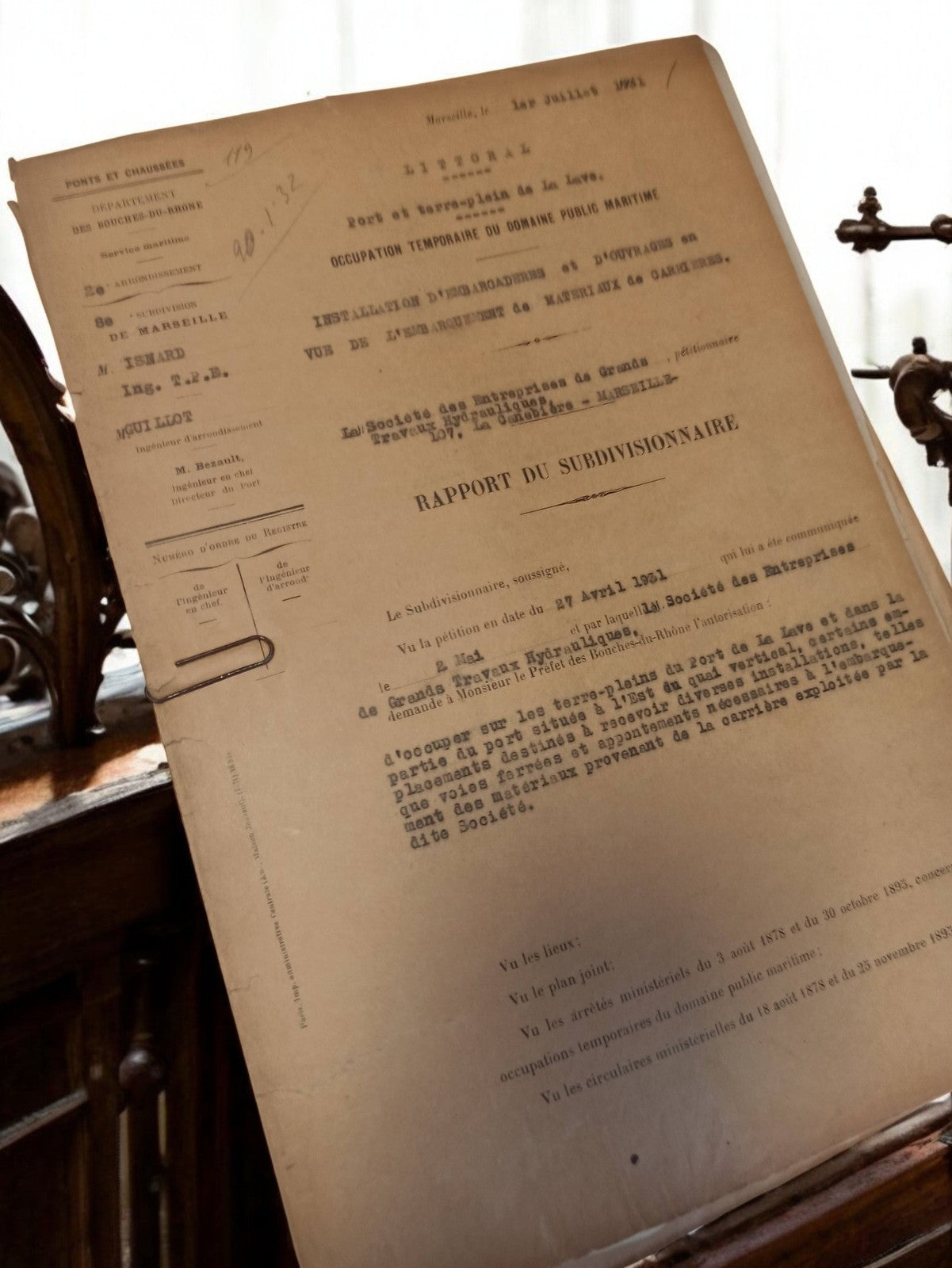 Document administratif Marseille 1931 rapport original vintage années 30