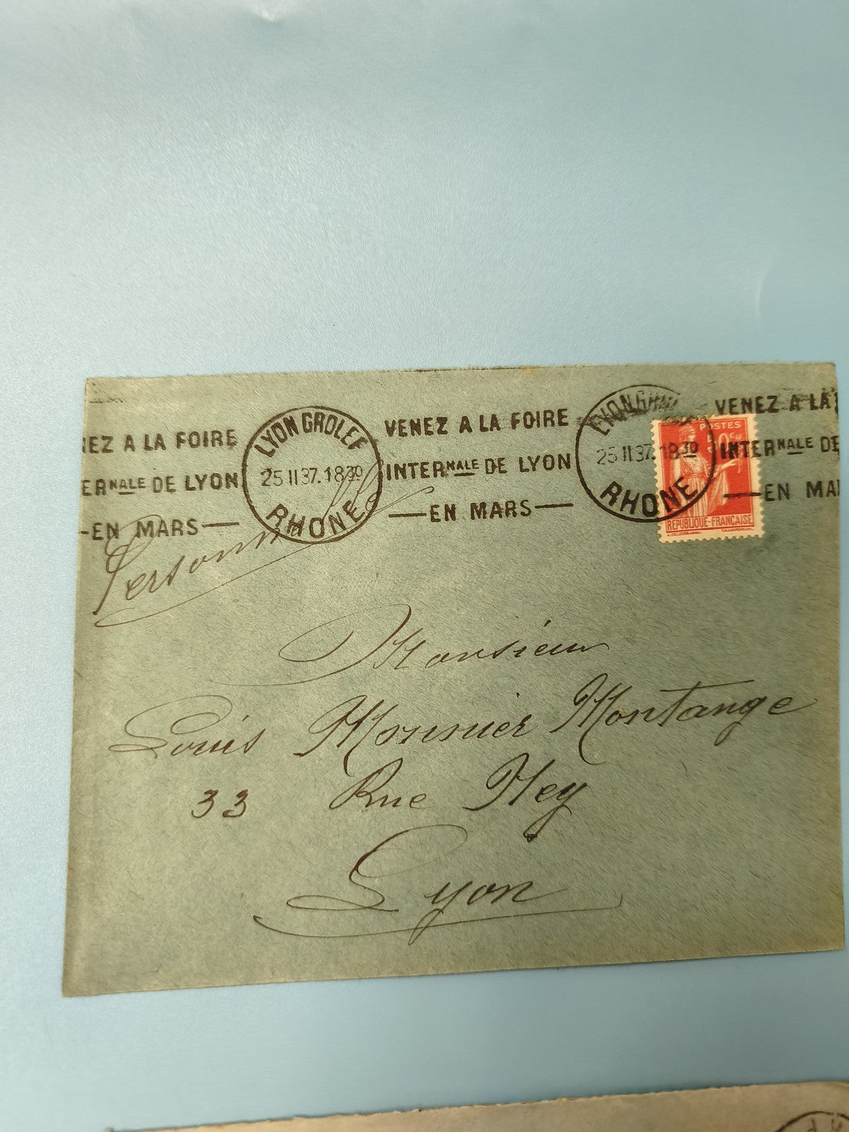 Ancienne enveloppe oblitérée Lyon 1937 philatélie, timbre rouge, collection