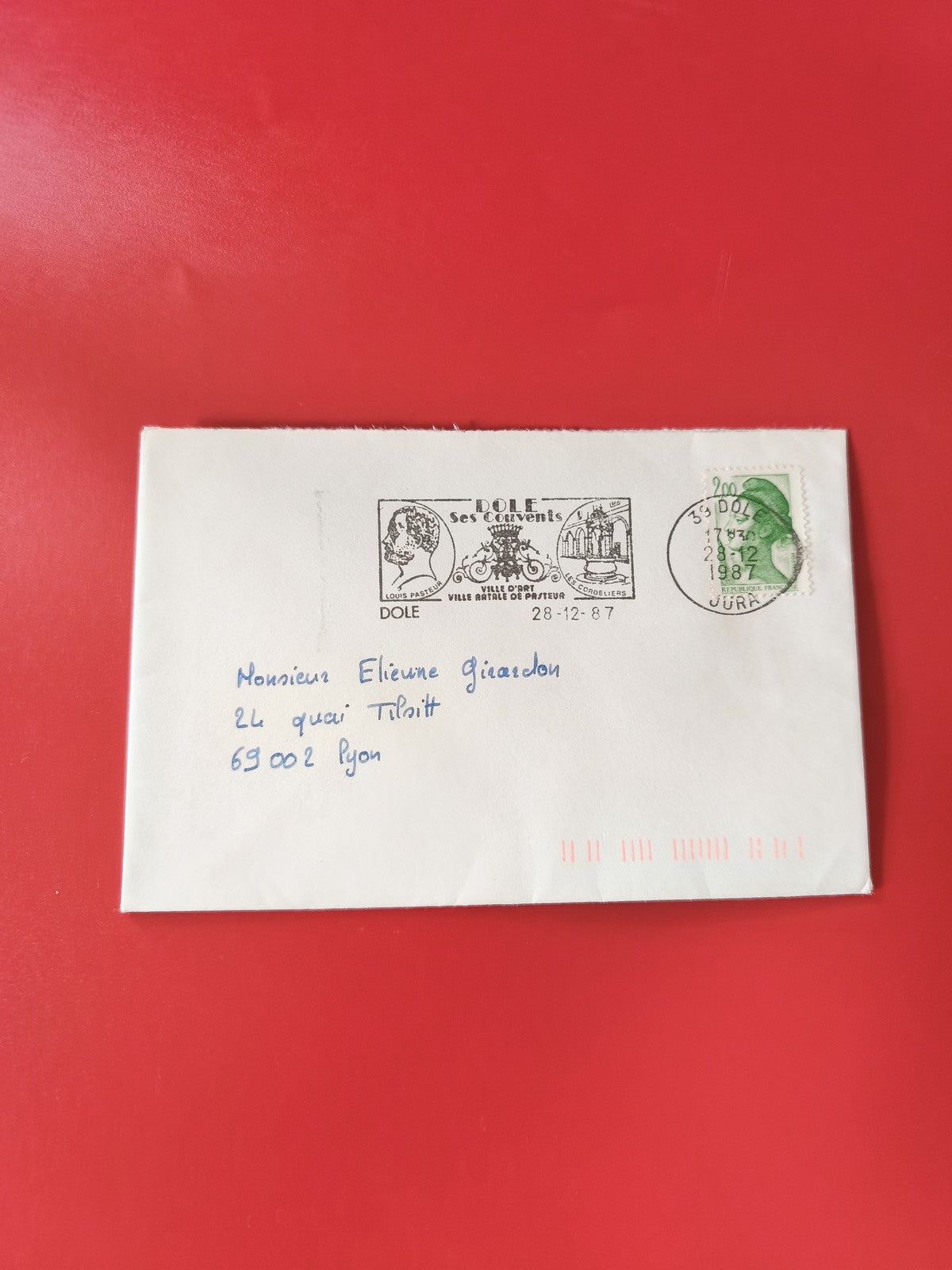 Enveloppe philatélie Dole oblitérée 1987 timbre vert cachet illustré