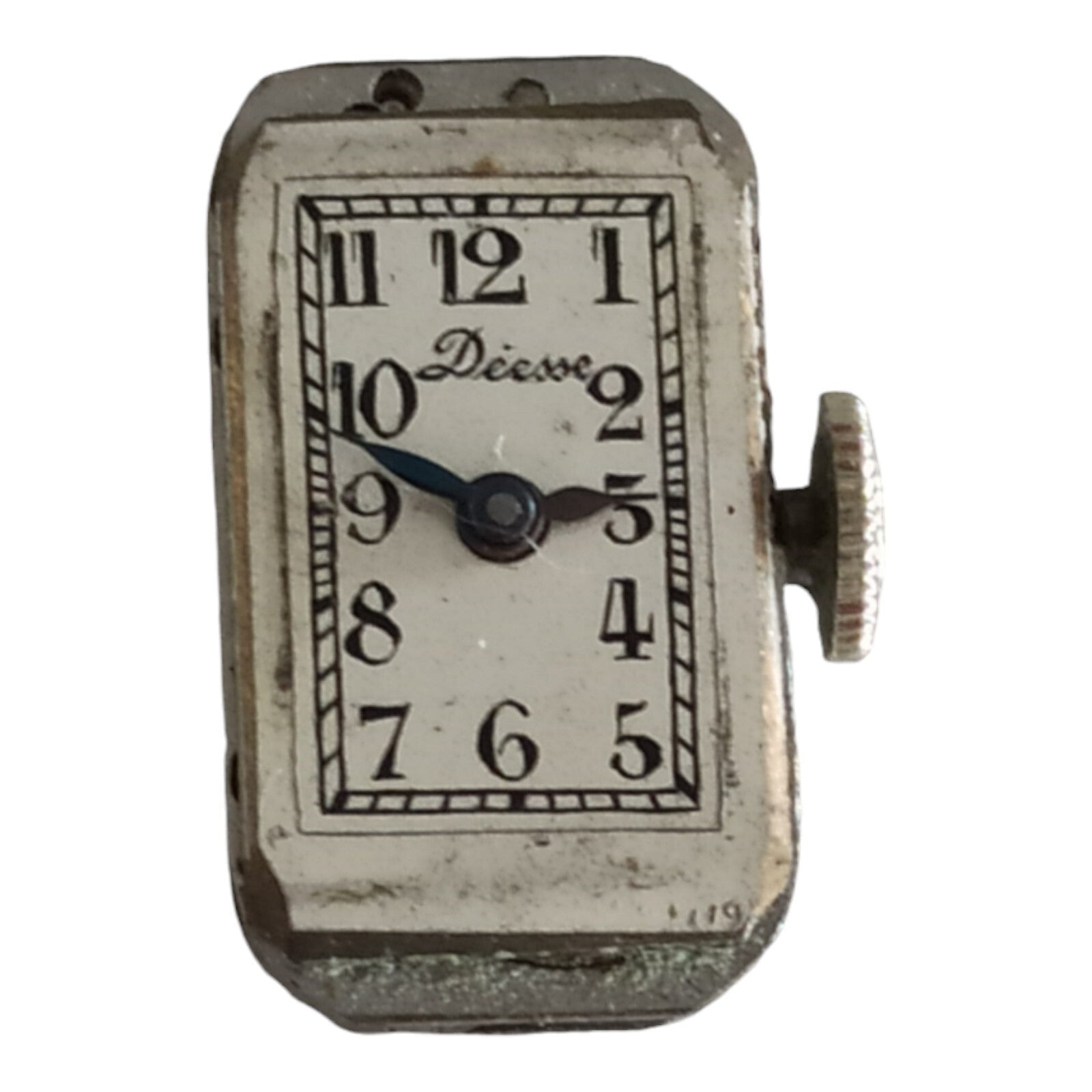 Montre rectangulaire Déesse Art Déco balancier actif cadran blanc