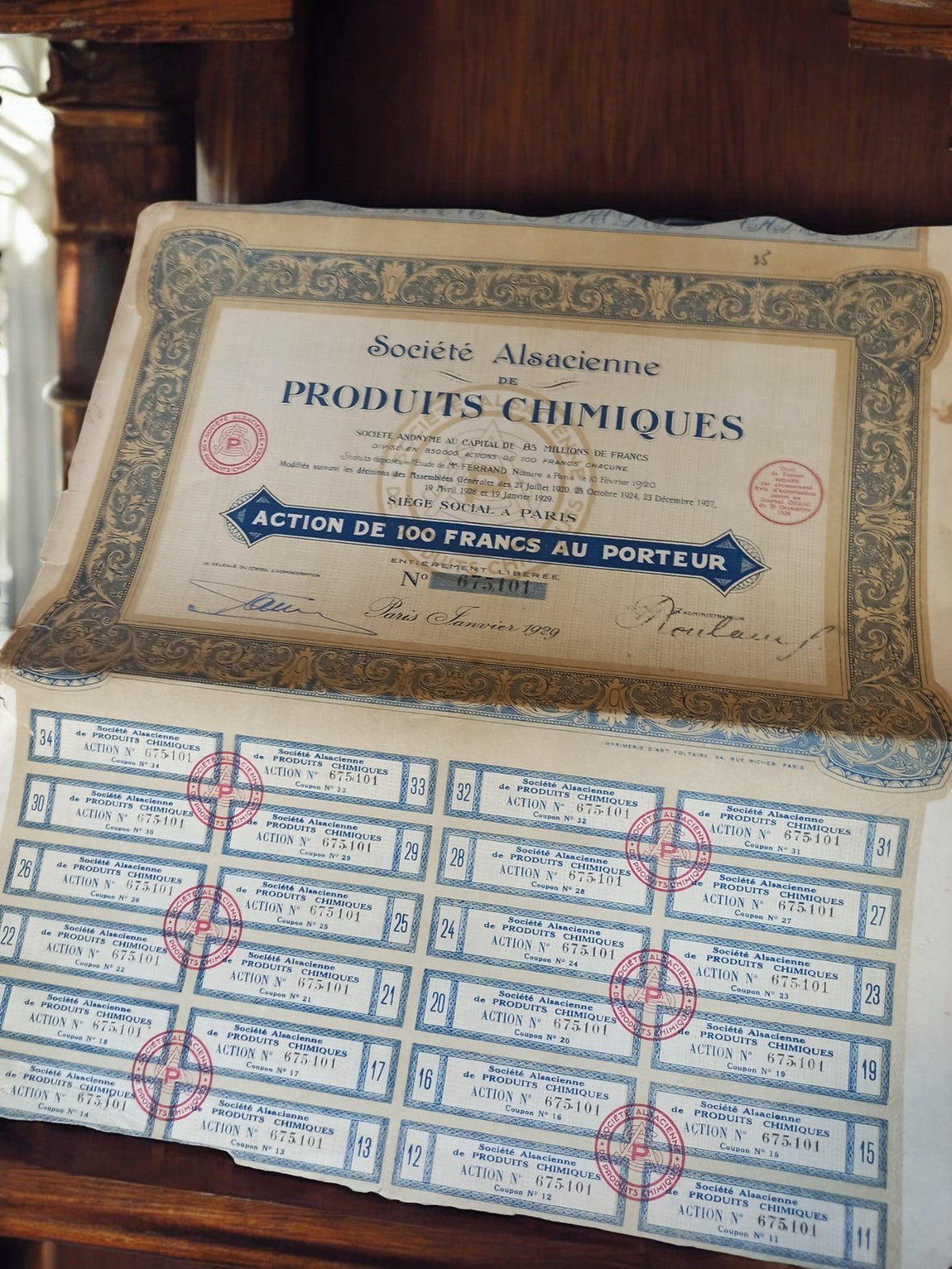 Action au porteur Société Alsacienne Produits Chimiques années 1920 vintage