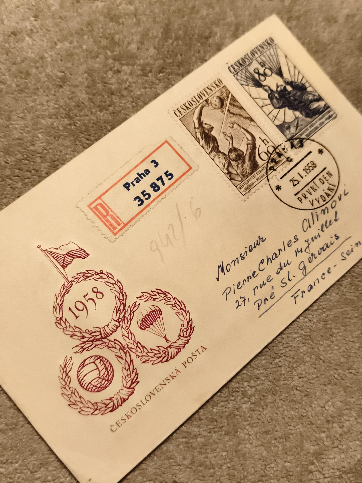 Lettre premier jour Tchécoslovaquie 1958 timbres sport Praha 3 philatélie (Ref 2