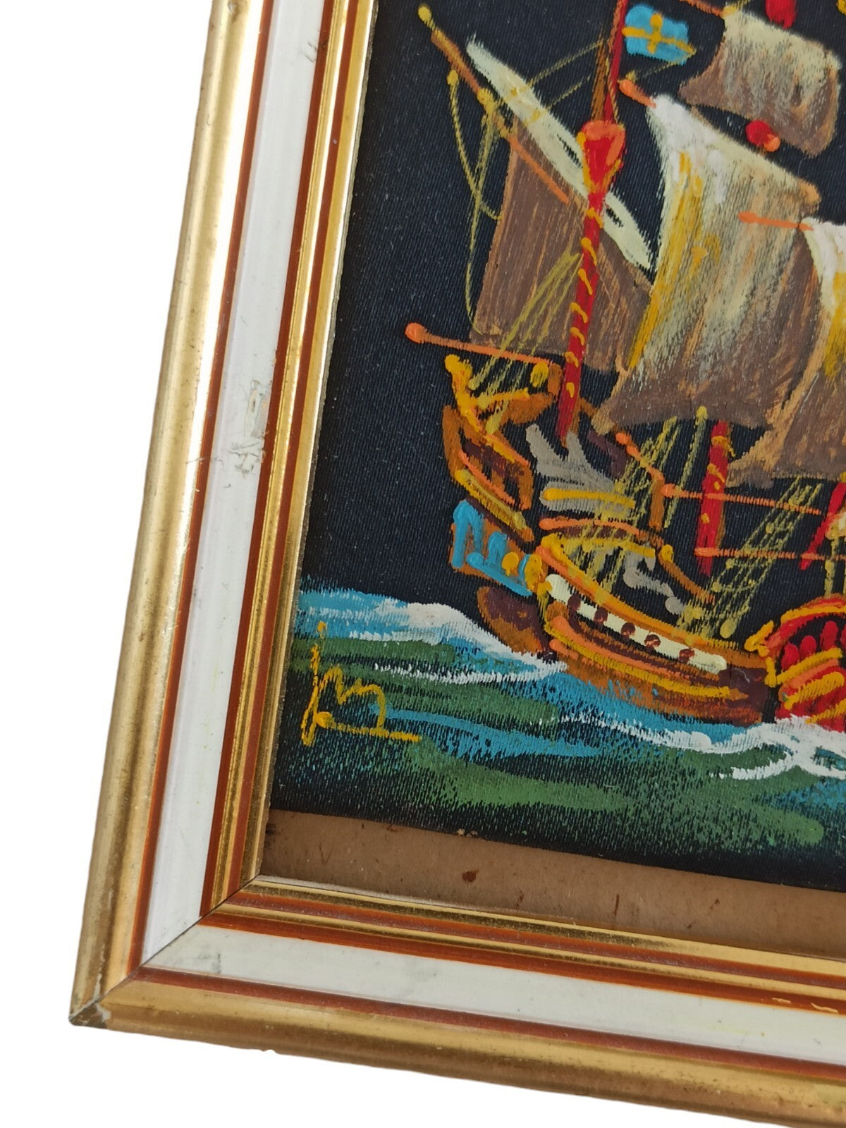 Tableau marin ancien cadre doré – peinture bateau vintage signée décor mural