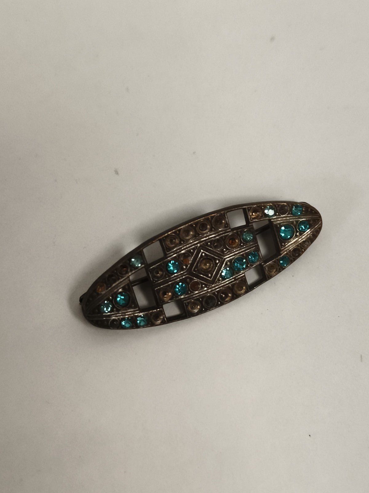 Broche ancienne ovale Art déco strass bleu brun bijou vintage rétro