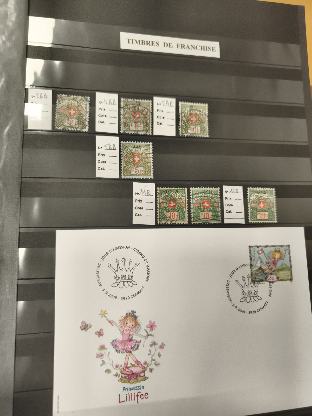 Timbres de franchise Suisse + enveloppe 1er jour Lillifee philatélie lot