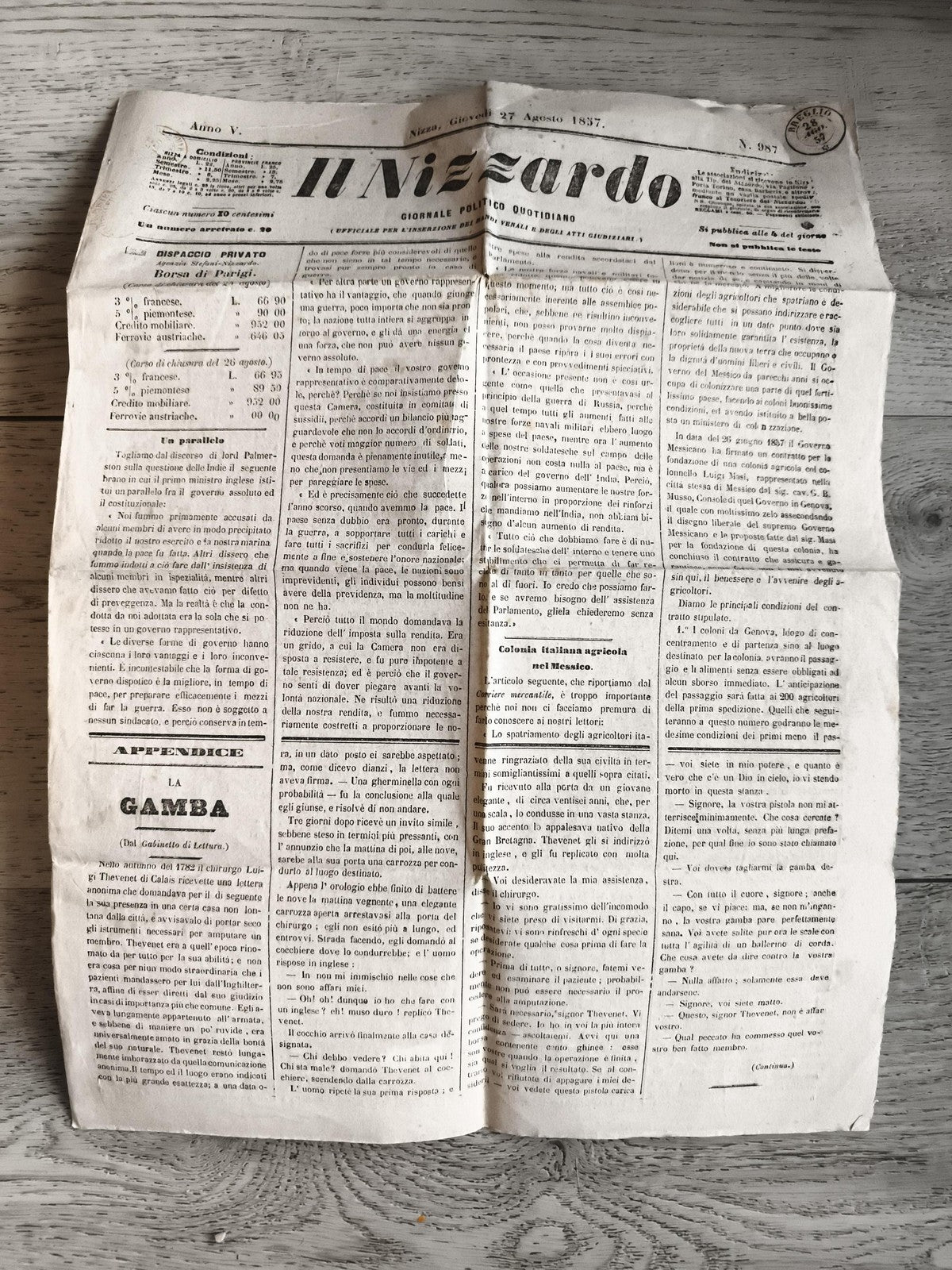 Ancien journal Il Nizzardo 1857 Nice journal politique italien vintage