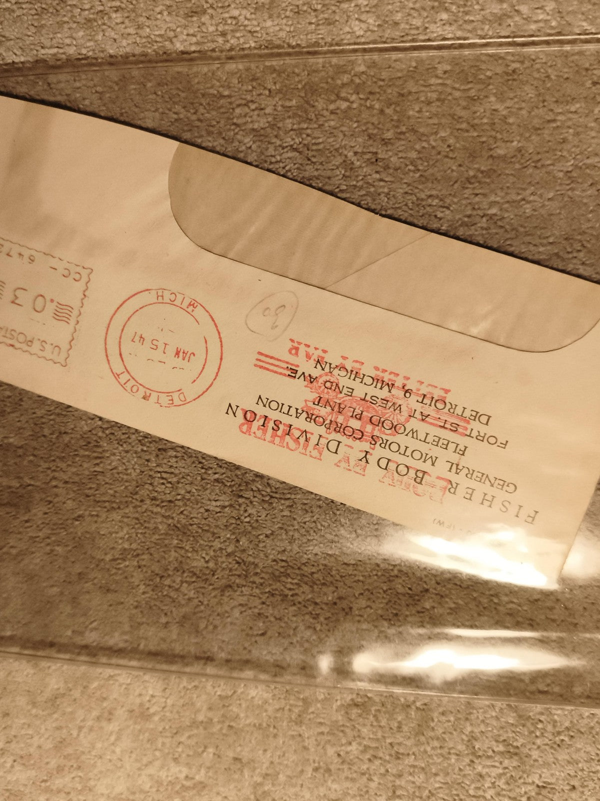 Lettre oblitérée Detroit 1941 cachet rouge General Motors Fisher Body philatélie