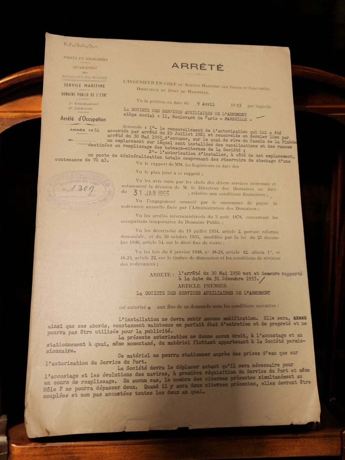 Arrêté préfectoral ancien Marseille 1954 Service Maritime Bouches-du-Rhône