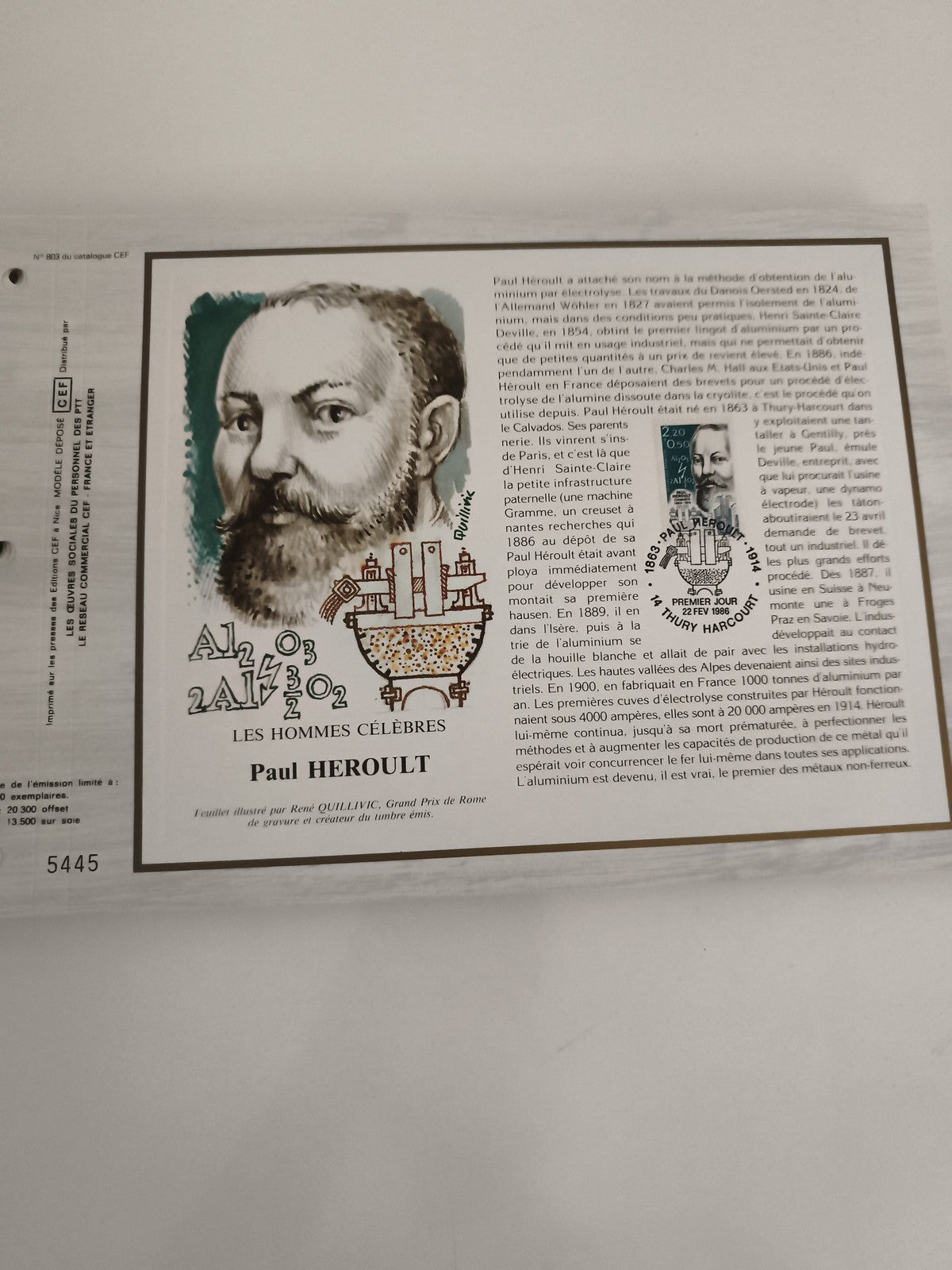 Feuillet CEF Paul Héroult Les Hommes Célèbres timbre Premier Jour