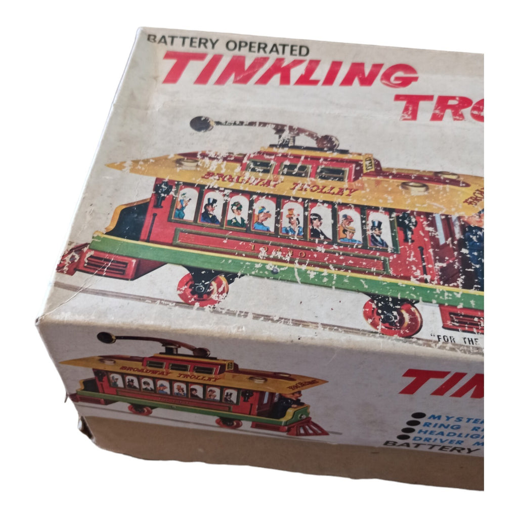 Jouet ancien Tinkling Trolley Masudaya Japan tram vintage 1940s boîte illustrée