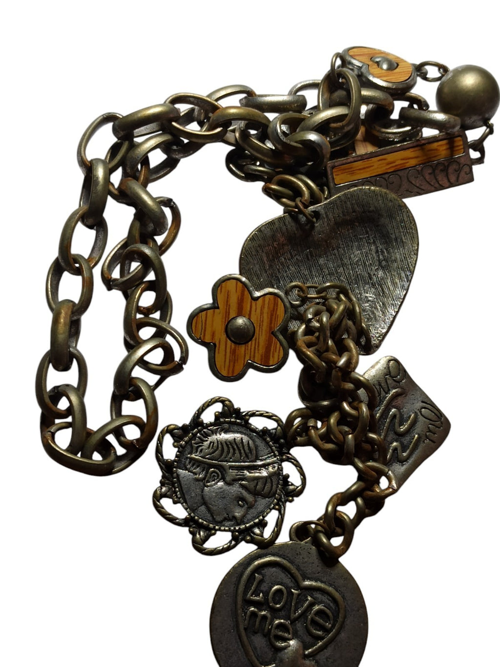 Collier fantaisie breloques Love Me cœur médaillon chaîne aspect vieilli