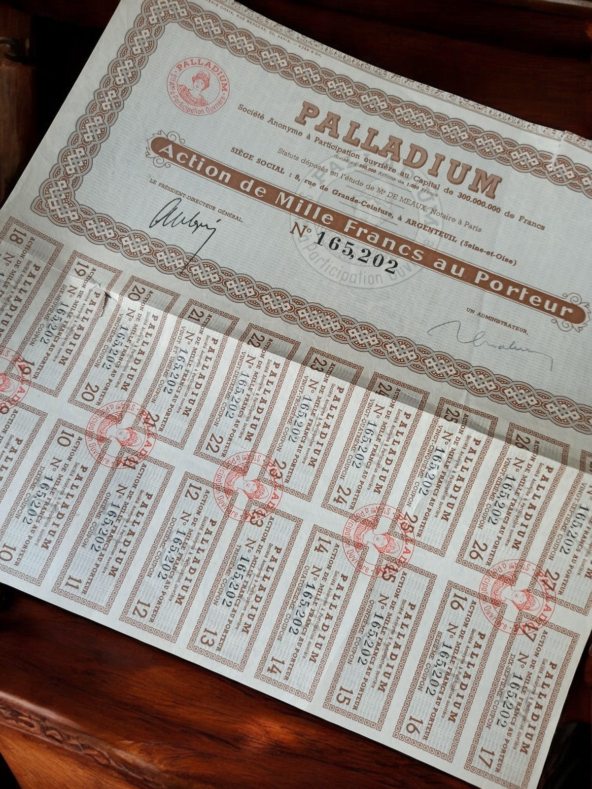 Action au porteur Palladium 1000 Francs vintage années 1920 ancien document fina