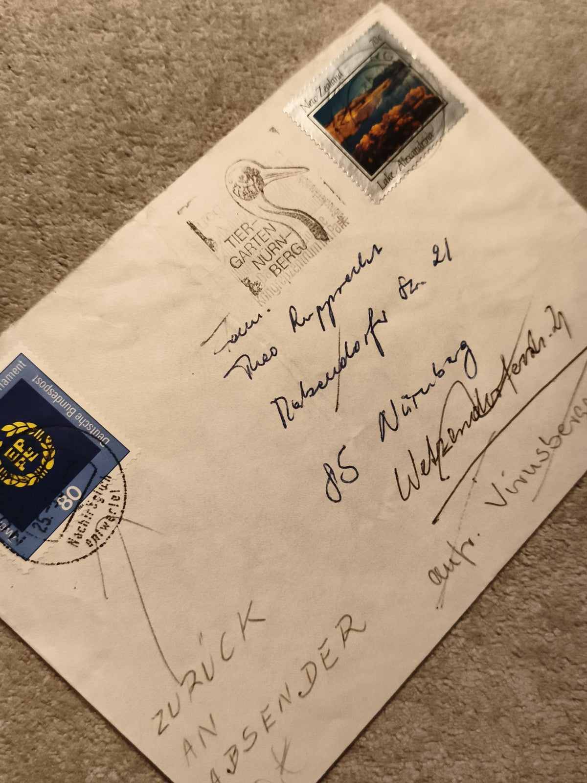 Lettre affranchie timbre Nouvelle-Zélande Lake Alexandrina, cachet Nurnberg, phi