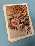 Carte postale Andorre timbre oiseau bouvreuil et oblitération 1974