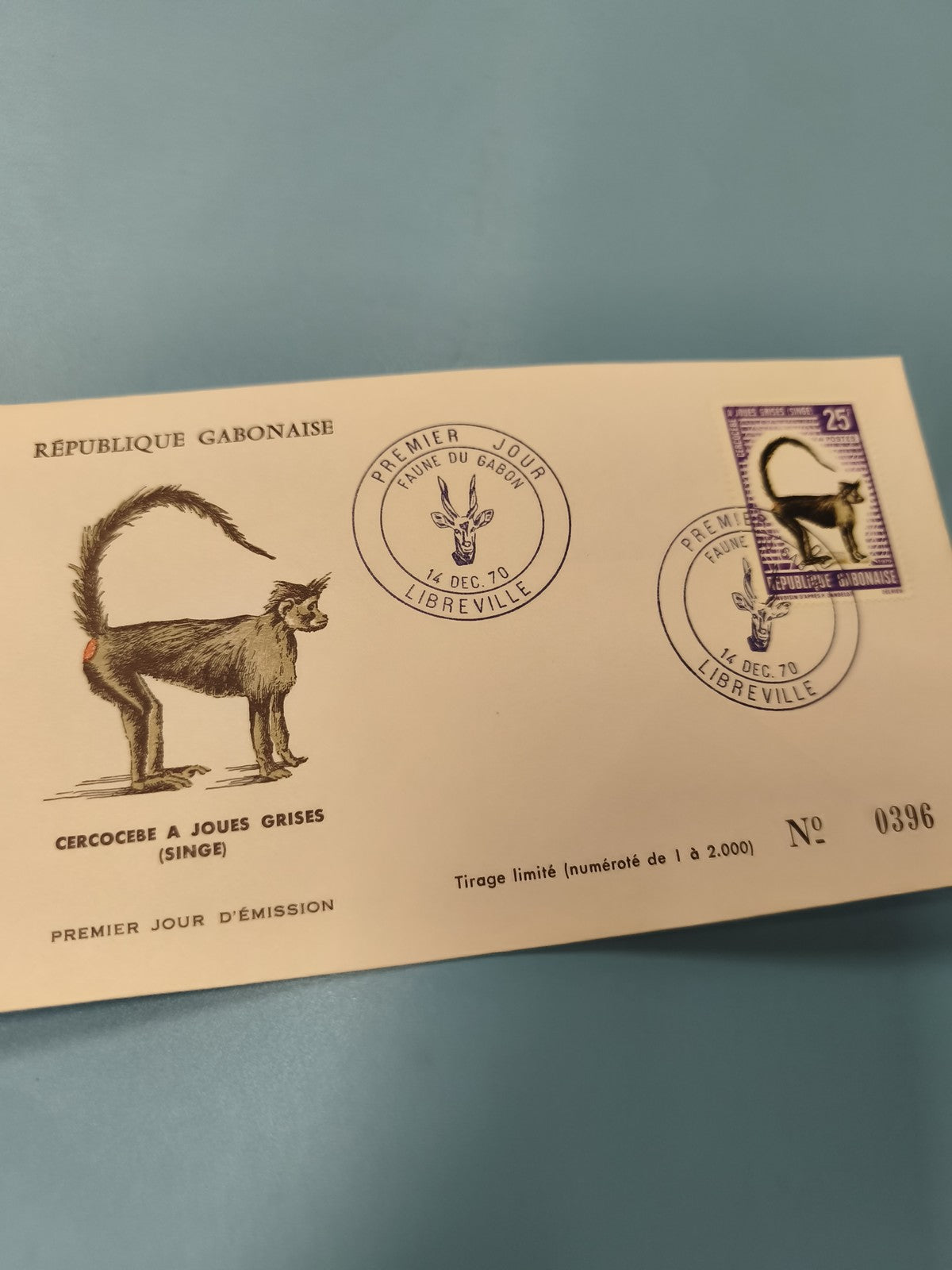 Enveloppe FDC Gabon 1970 timbre singe cercocèbe à joues grises n°0396