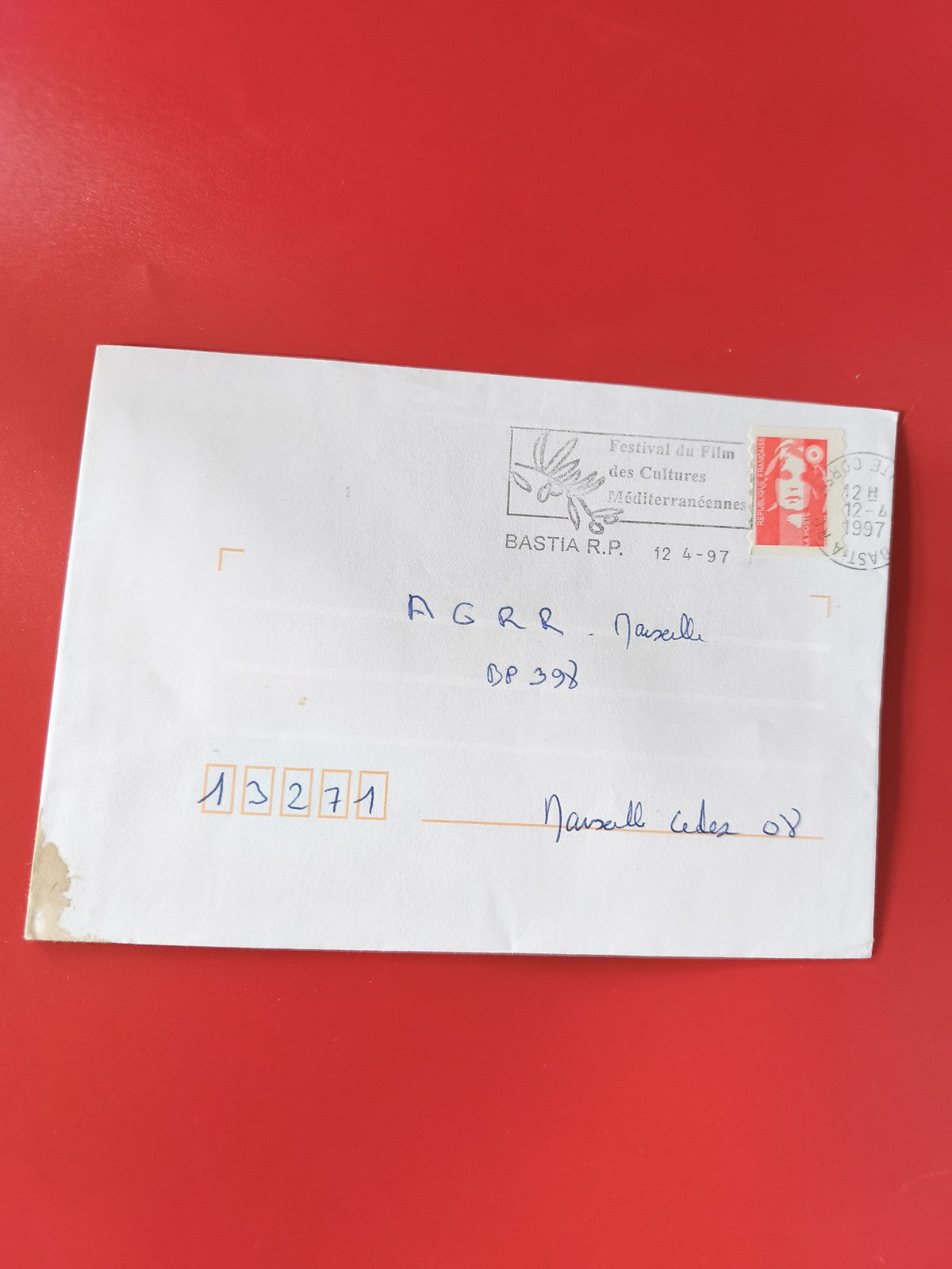 Enveloppe philatélie oblitérée Bastia 1997 timbre Marianne rouge cachet festival