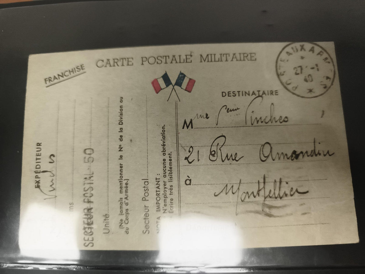 Carte postale militaire française 1940 drapeaux FR franchise philatélie