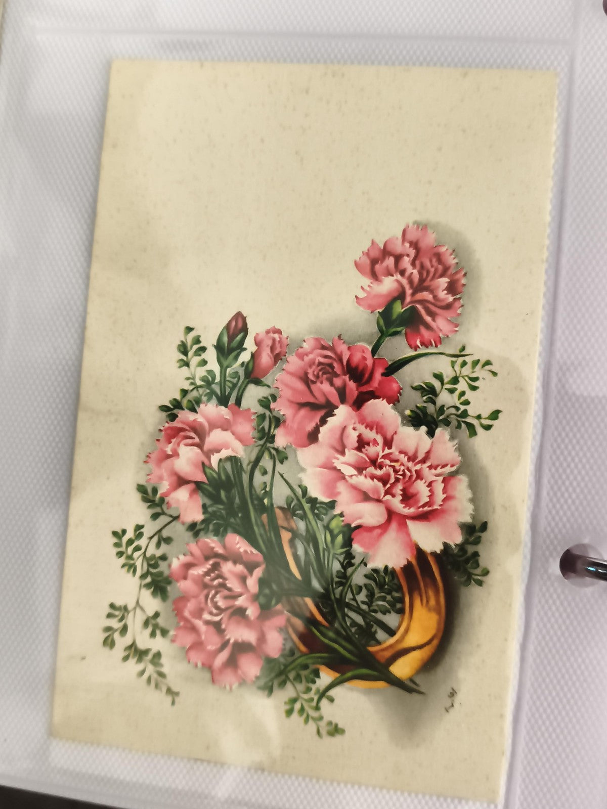 Carte postale ancienne fleurs œillet cornet illustration vintage CPA