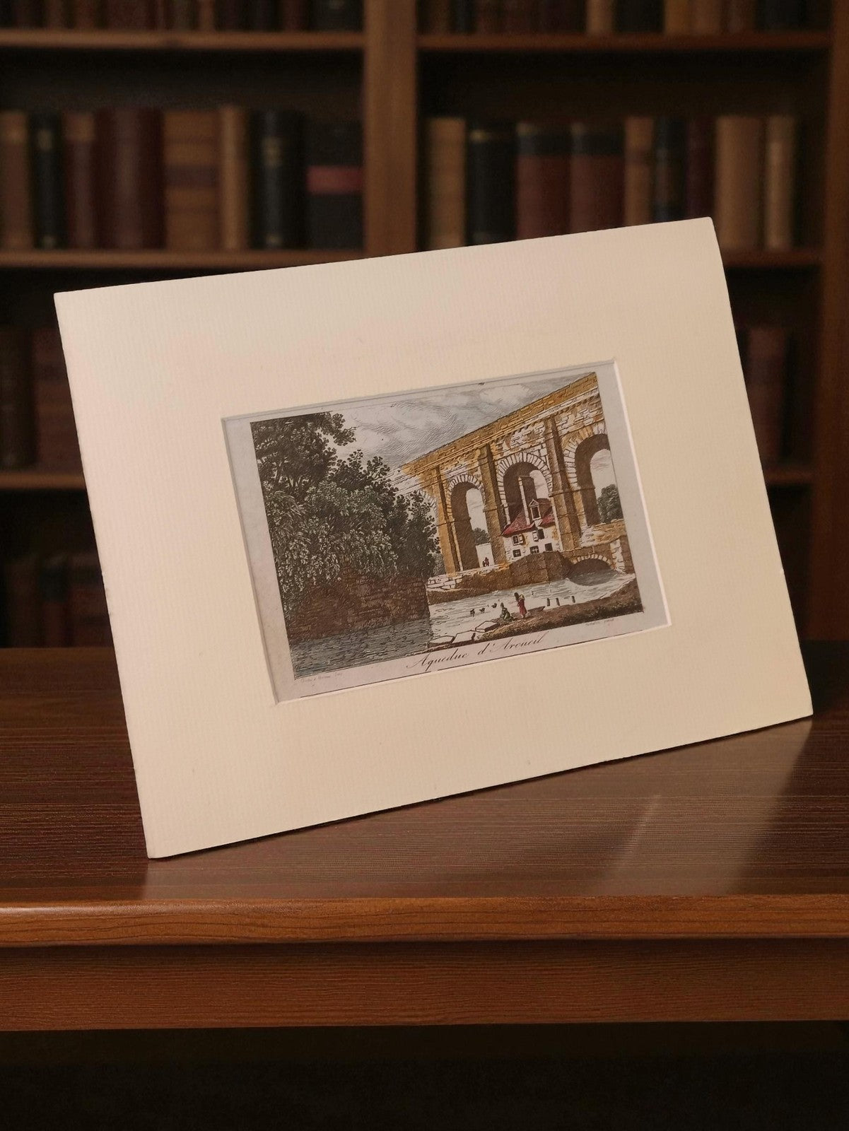 Gravure ancienne aqueduc d'Arvant, art vintage, encadrement passe-partout
