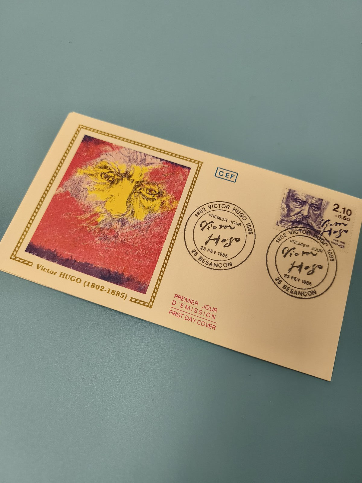 Enveloppe FDC Premier Jour Victor Hugo 1985 timbre 2,10 Besançon illustrée