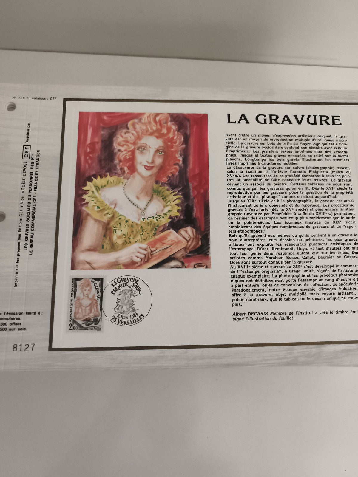 Feuillet philatélique CEF La Gravure 1984 illustré Decaris oblitéré FDC
