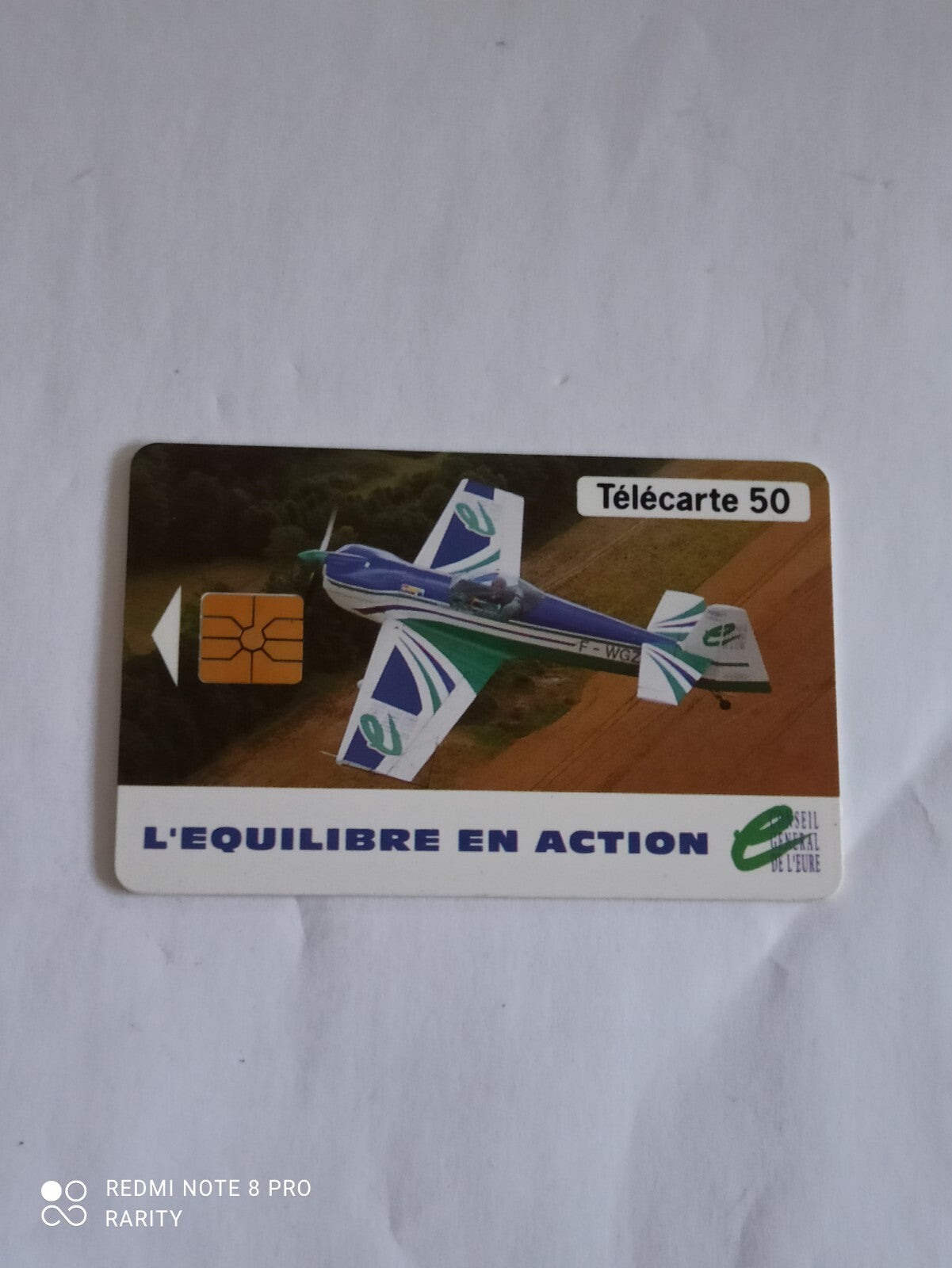 Télécarte vintage 50 unités Conseil Général Eure avion L'Équilibre en action
