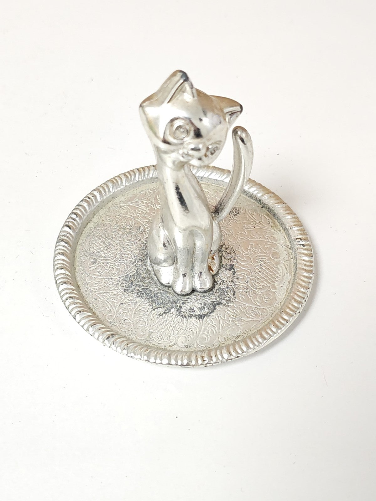 Figurine chat vintage ancienne déco métal argenté collection animal rétro