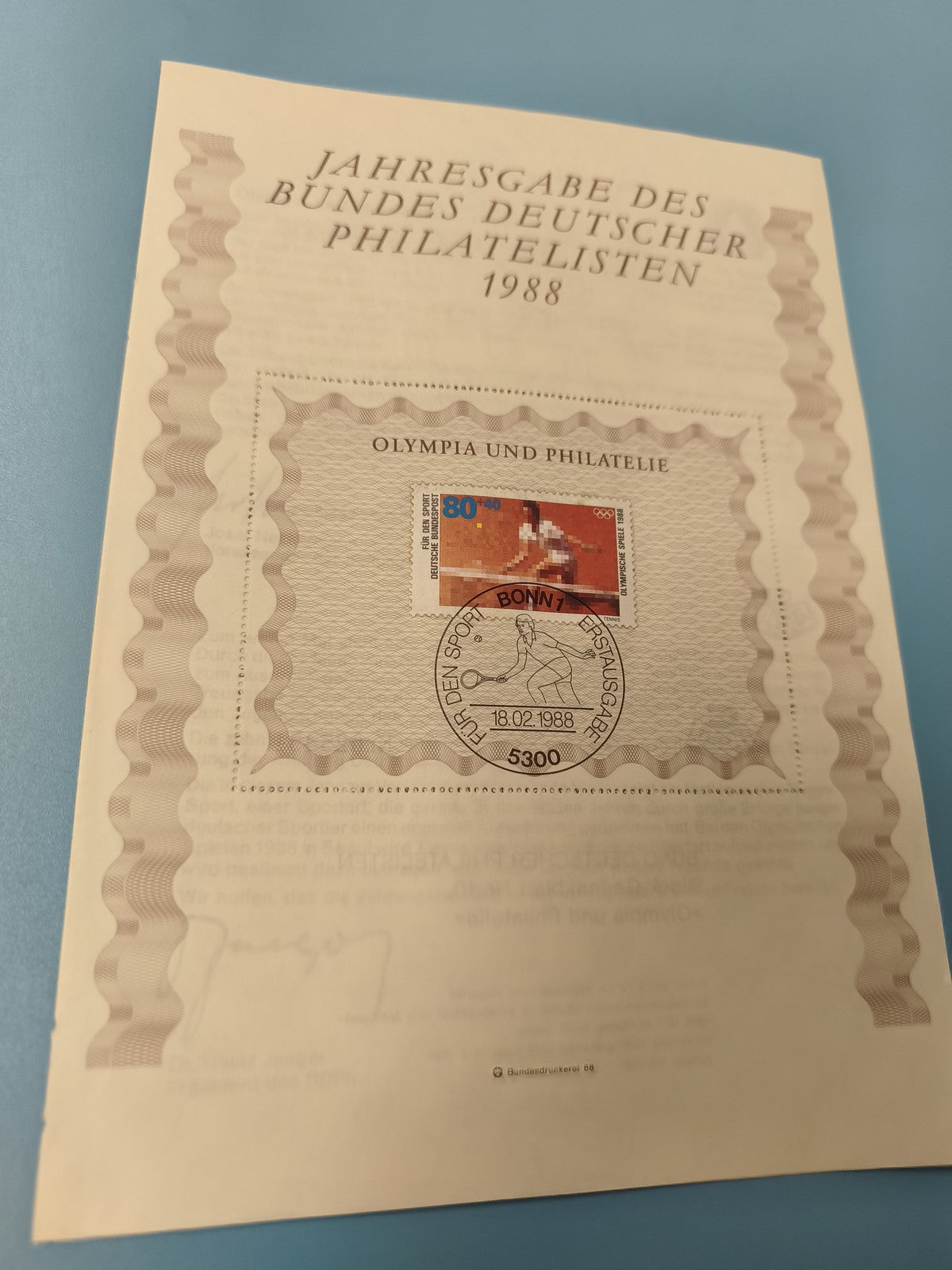 Annual Edition Federation German Philatelists 1988, Olympia Stamp, Bonn Mark