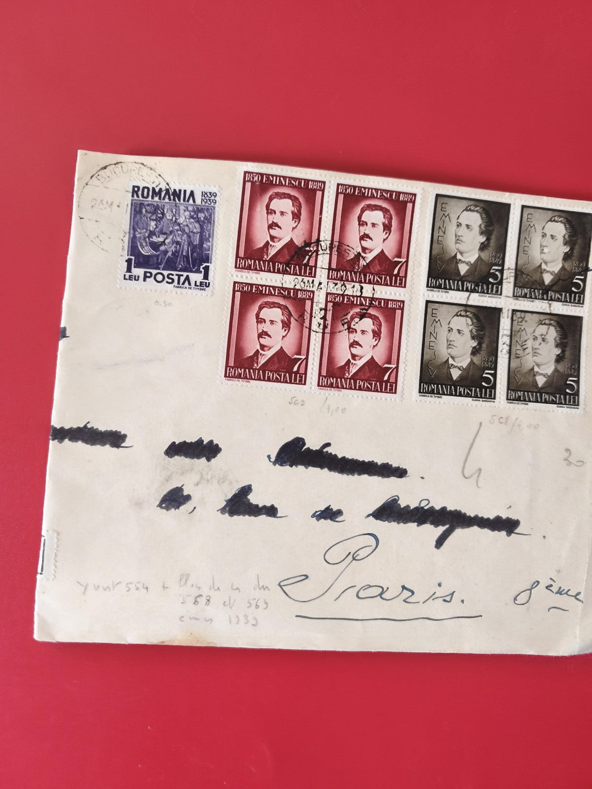 Enveloppe philatélie timbres Roumanie oblitérés, affranchissement pour Paris