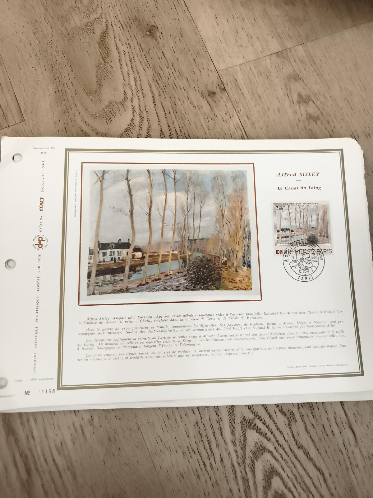 Feuillet philatélique Alfred Sisley Canal du Loing 1974 CEF timbre oblitéré