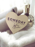 Carte publicitaire parfum Someday Justin Bieber rétro, forme cœur, ancien