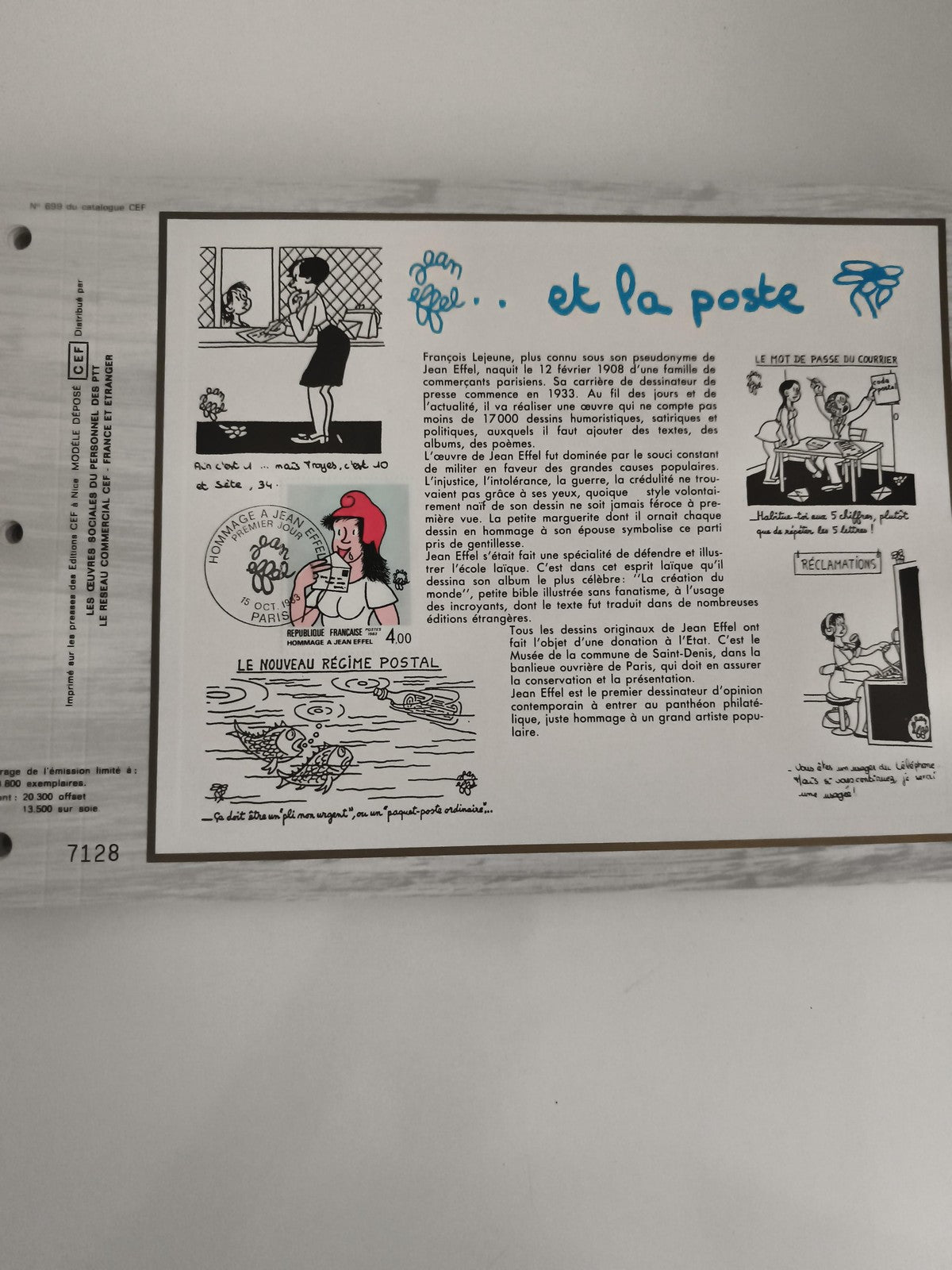 Feuillet philatélique CEF Jean Effel et la poste illustré timbre hommage