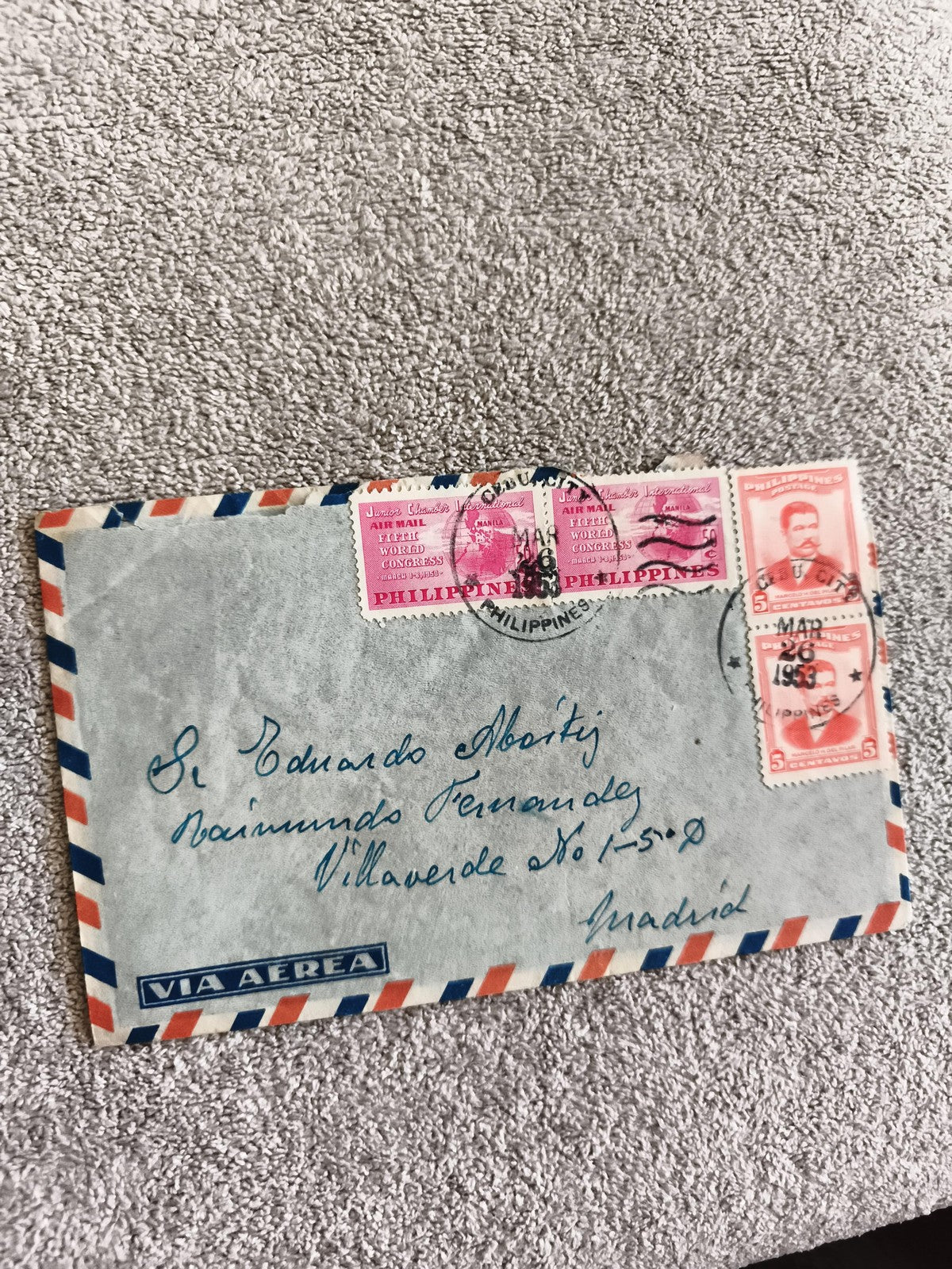 Lettre avion Philippines 1963 timbres First World Congress affranchissement Madr