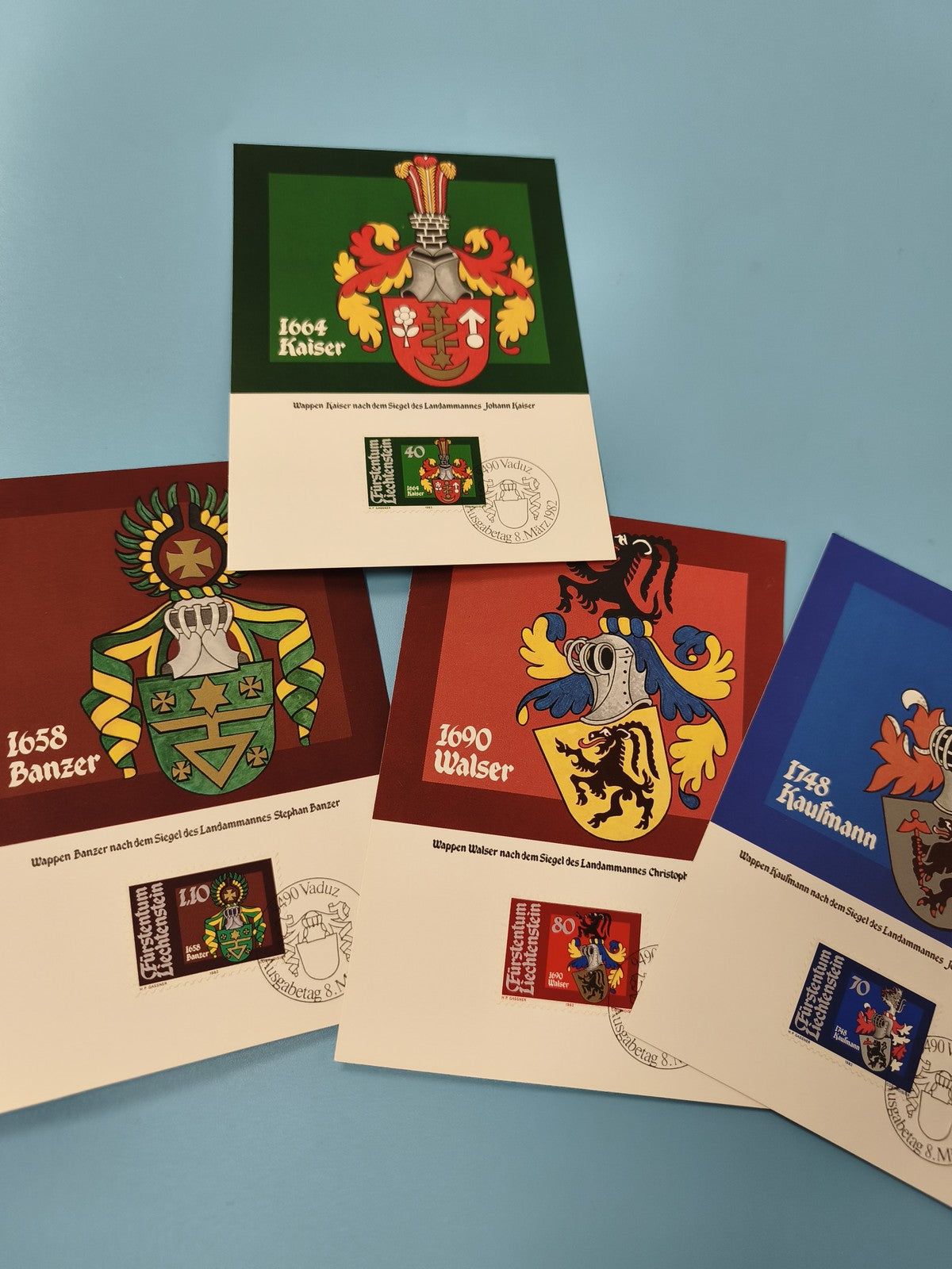 Cartes postales armoiries Liechtenstein timbrées, blason, philatélie couleur