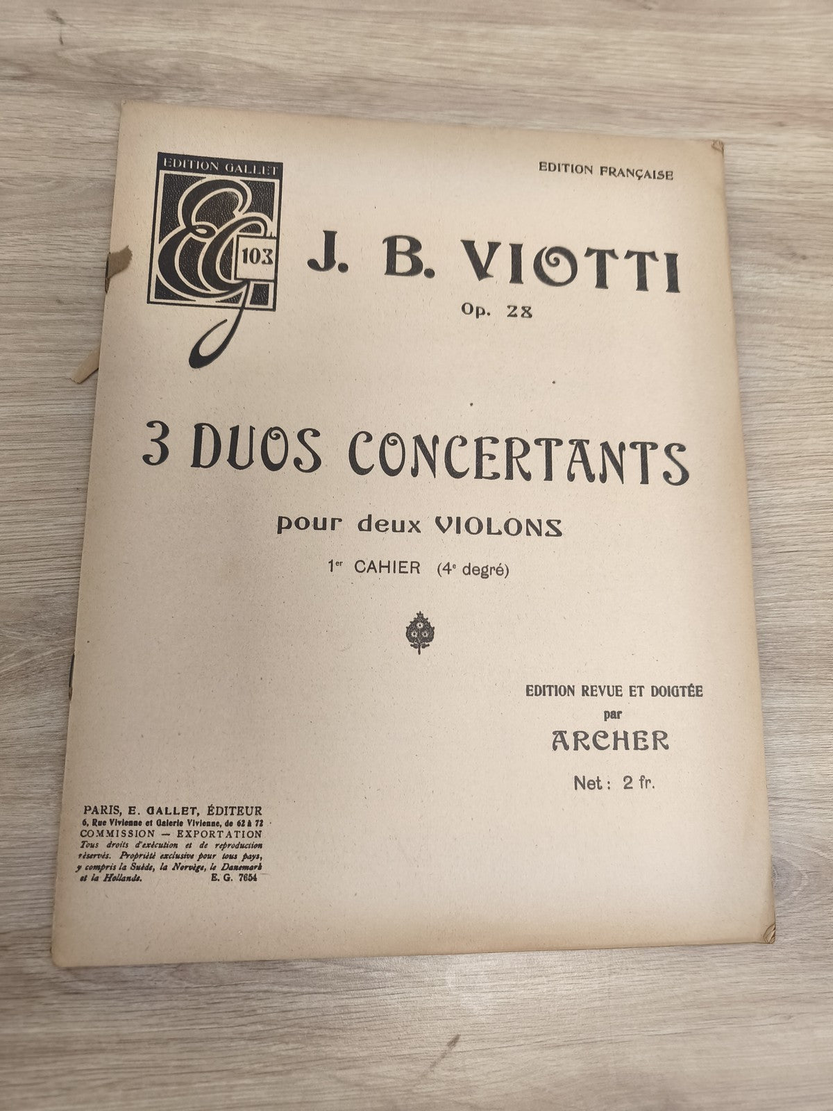 Ancien livre partitions J.B. Viotti 3 Duos Concertants violon piano Gallet