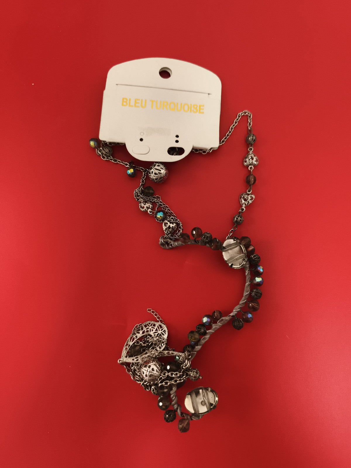 Collier vintage BLEU TURQUOISE perles métal filigrané deadstock fantaisie