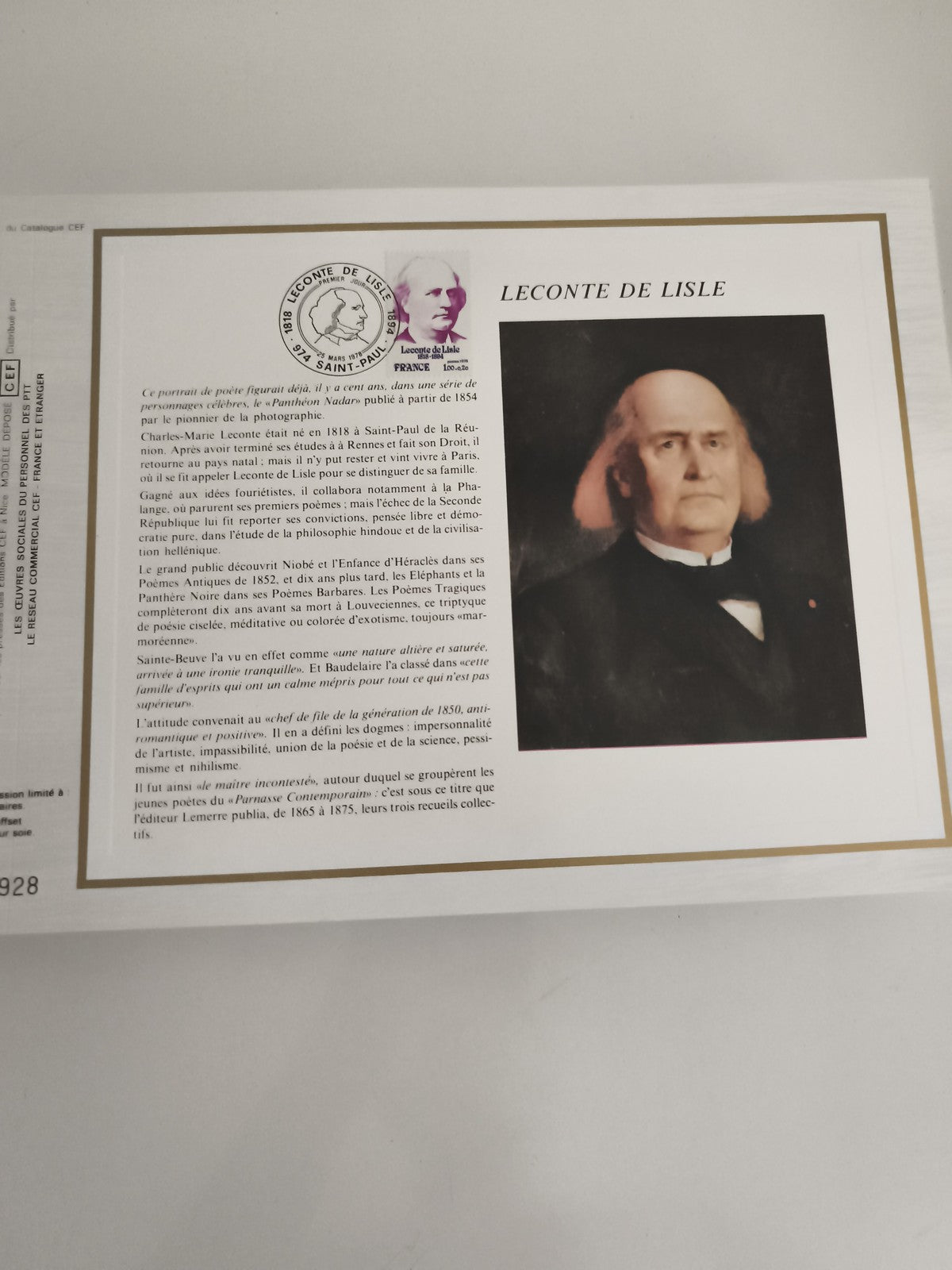 Feuillet philatélique CEF Leconte de Lisle timbre oblitéré France