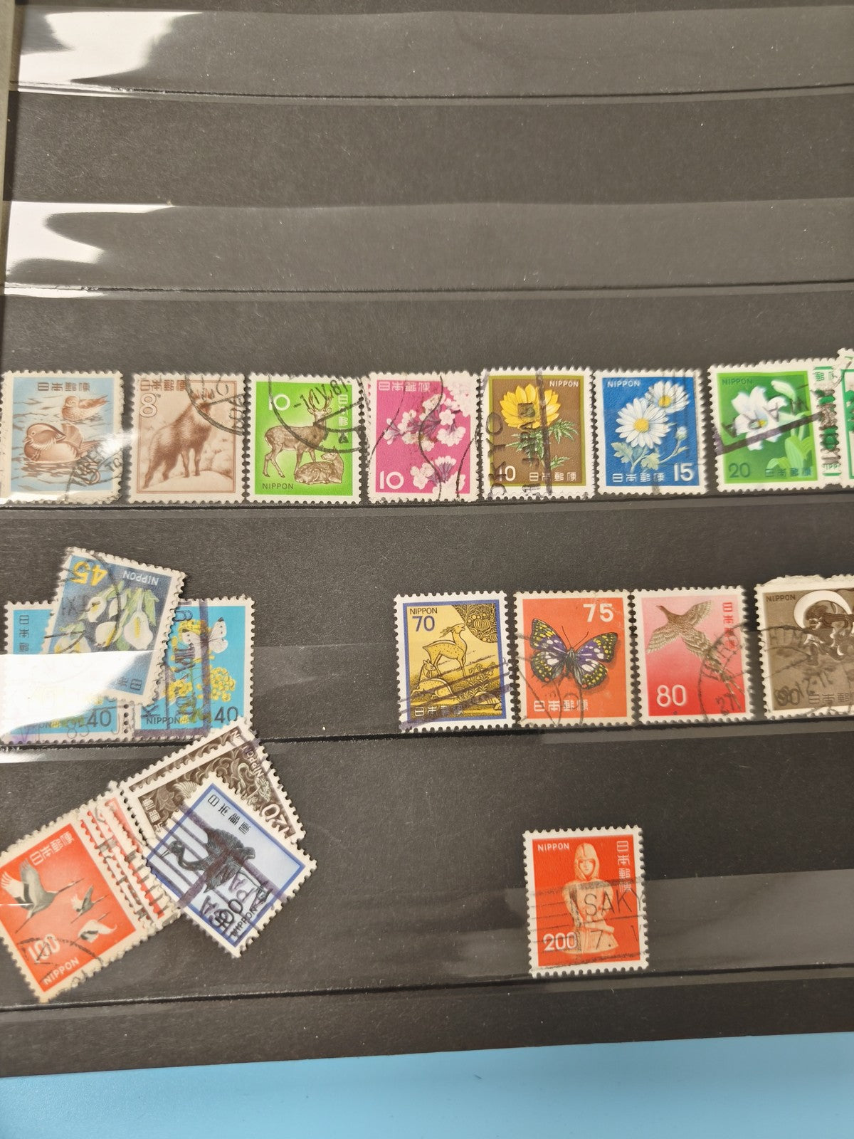 Lot anciens timbres Japon oblitérés, motifs faune flore, philatélie vintage