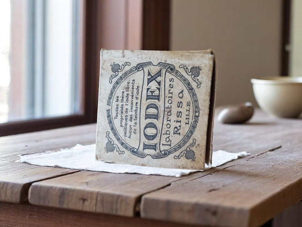 Boîte Iodex ancienne Laboratoires Rissa Lille vintage 1940 déco pharmacie