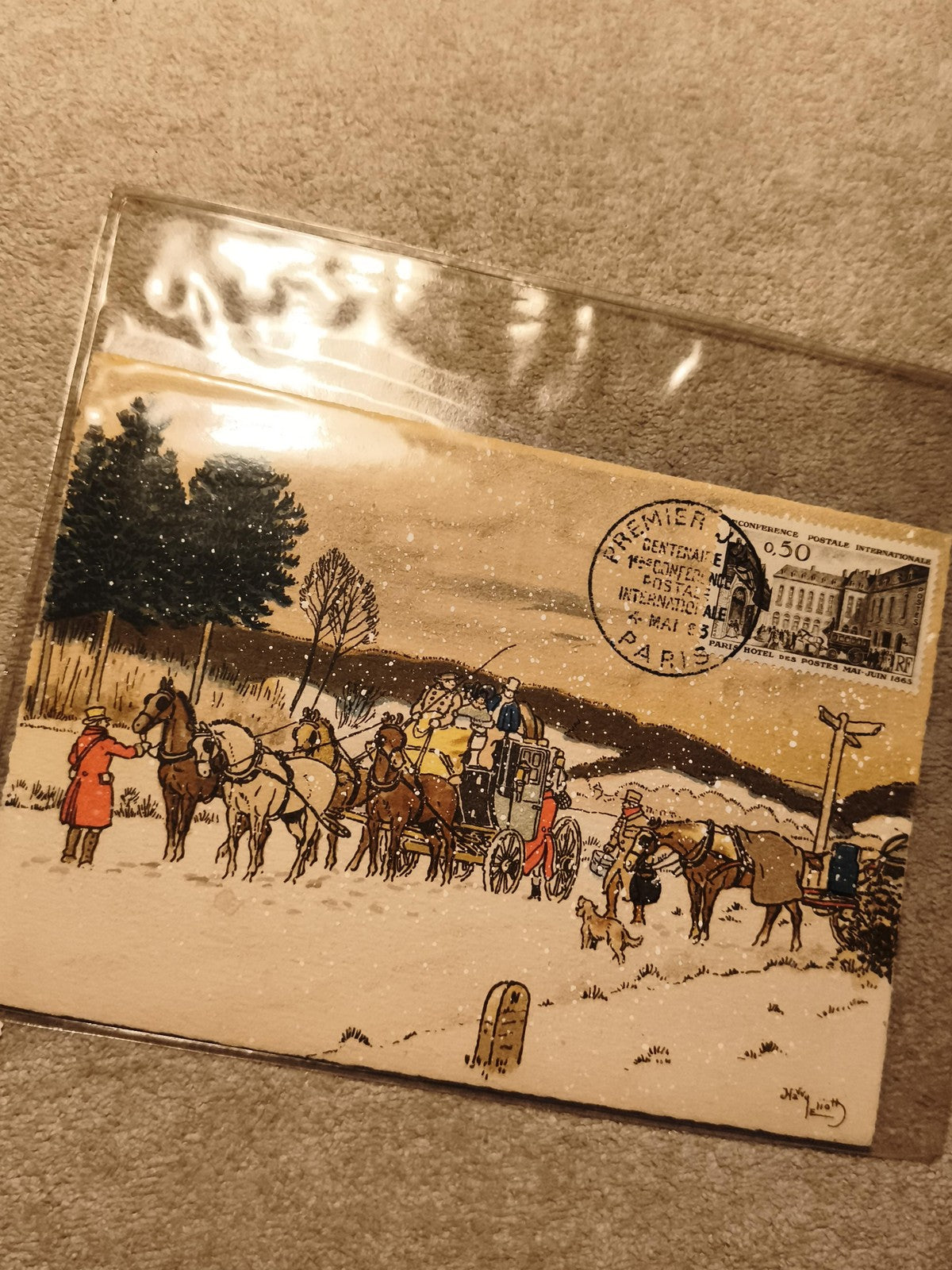 Carte premier jour Centenaire Conférence Postale 1974 Paris neige diligence