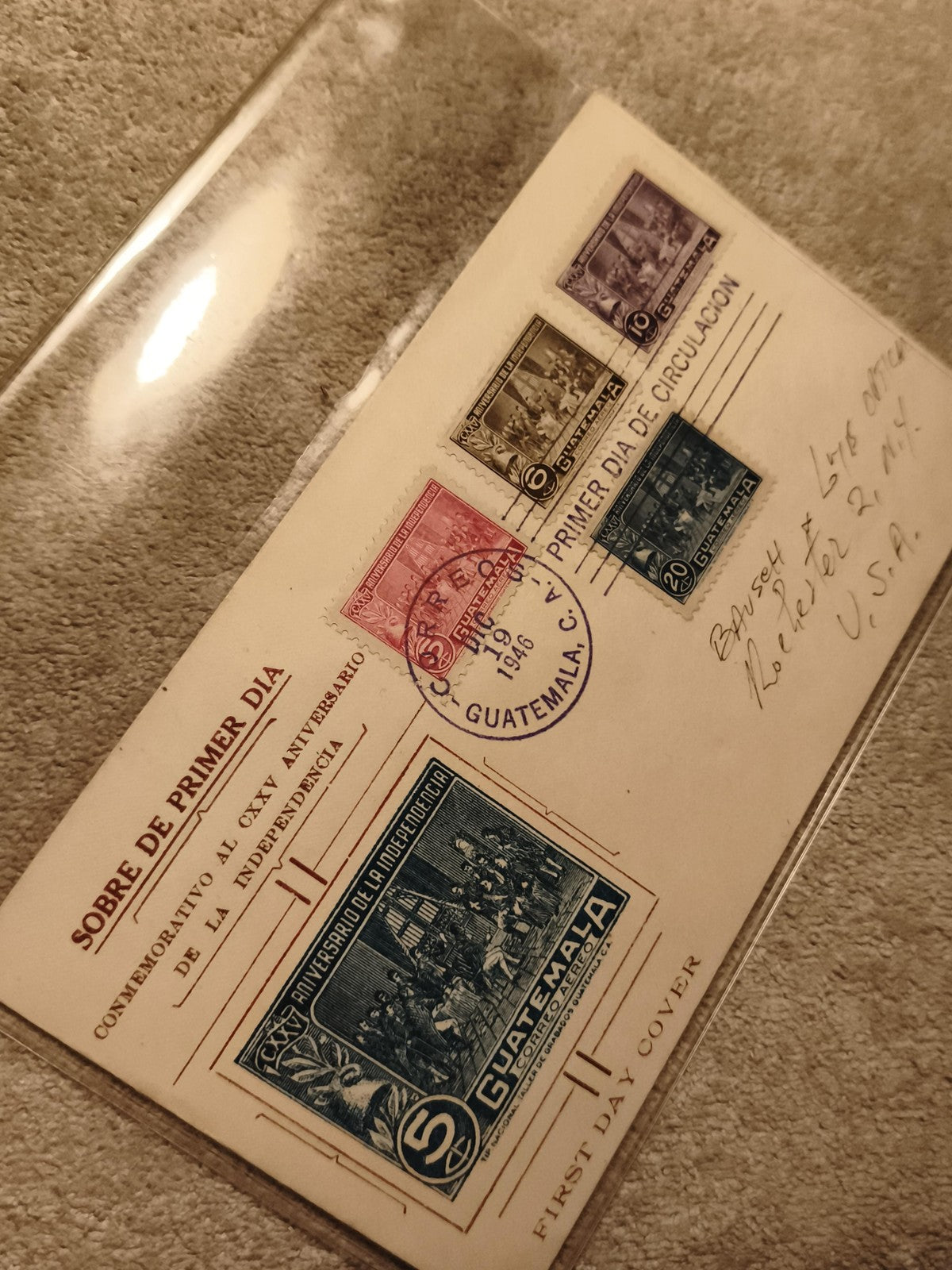 Enveloppe premier jour Guatemala 1946 timbres indépendance CXXV anniversaire