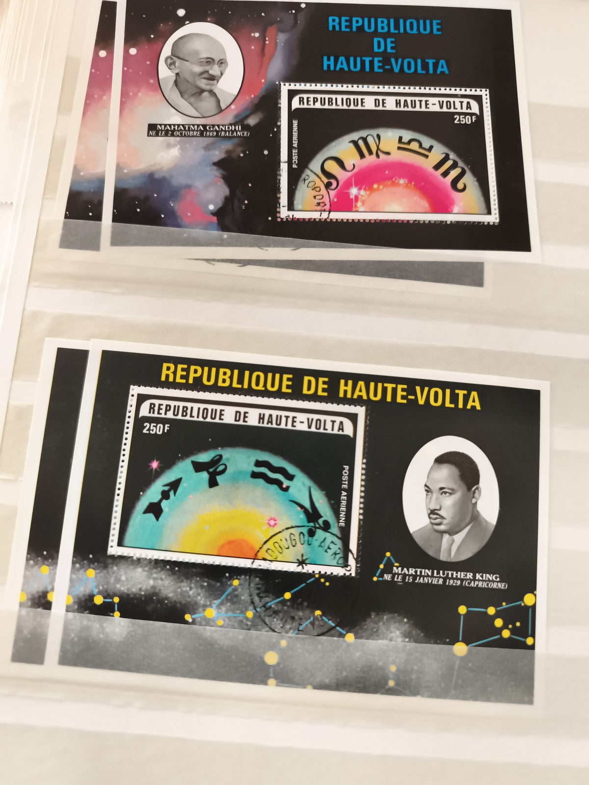Bloc timbres anciens Haute-Volta Gandhi King 250F thème astrologie oblitérés