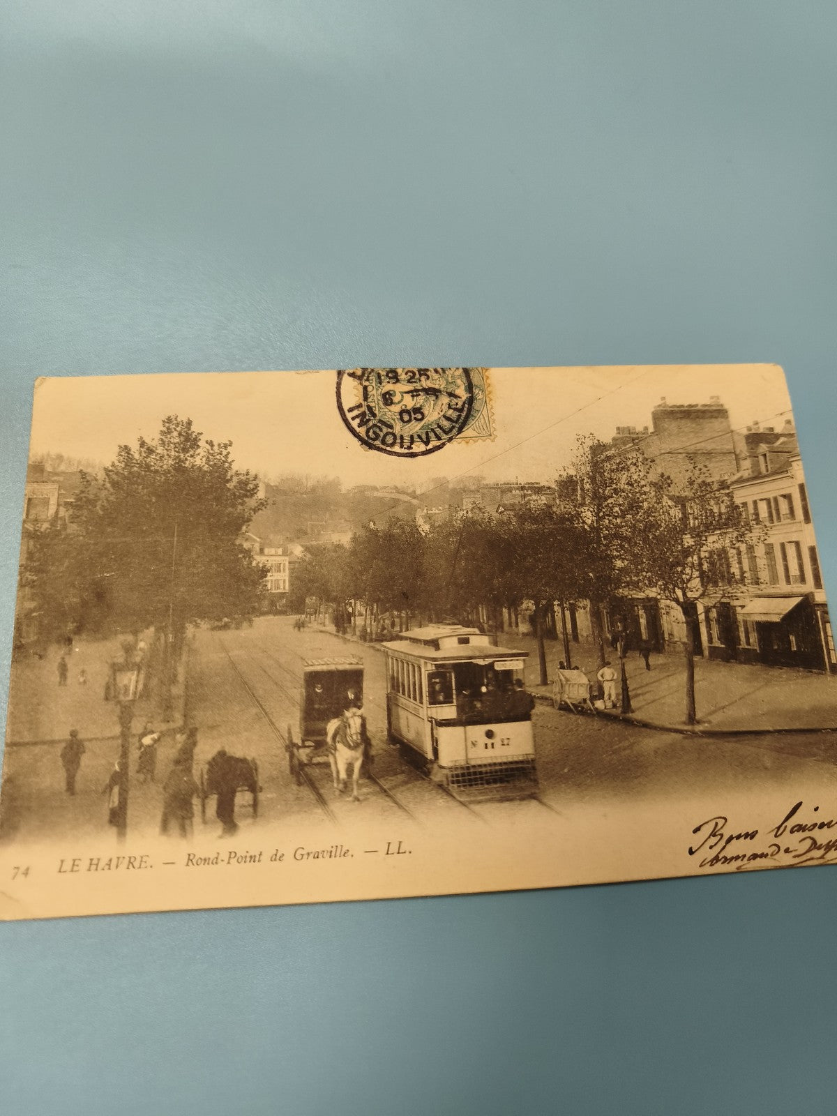Ancienne carte postale animée Le Havre tramway Rond-Point de Graville vintage