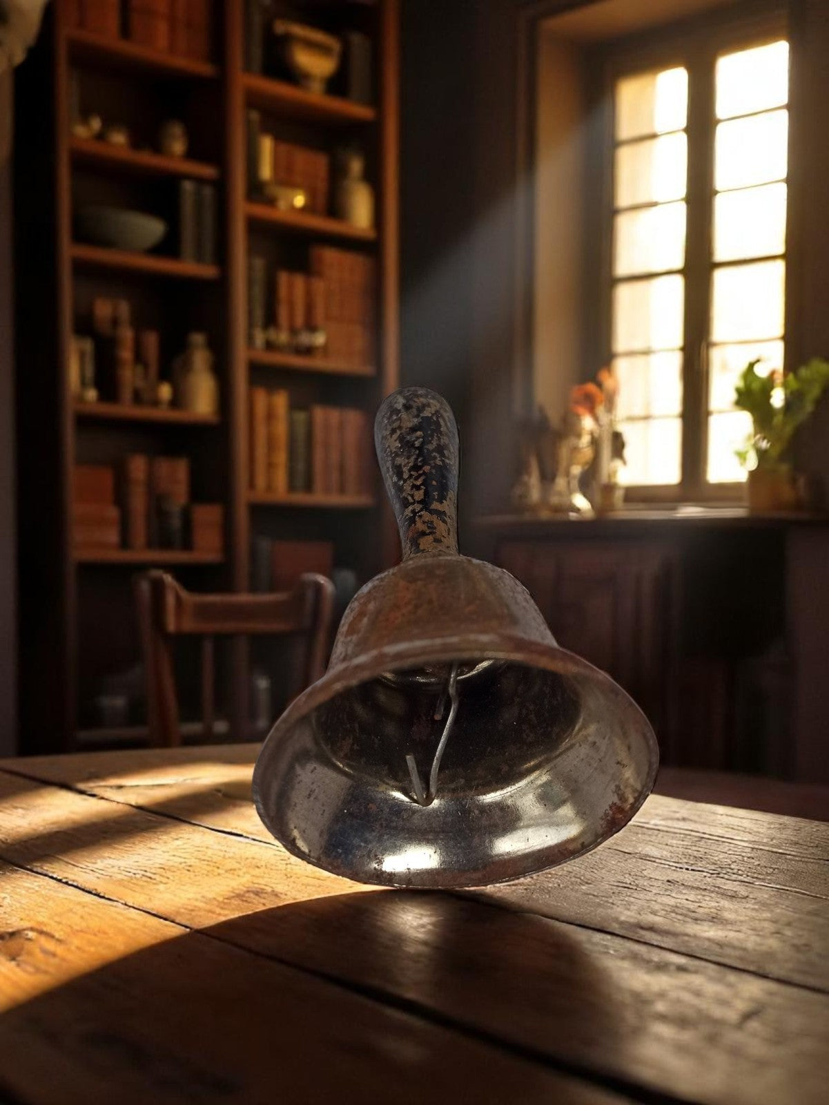 Cloche ancienne laiton patiné, clochette vintage déco, poignée usée